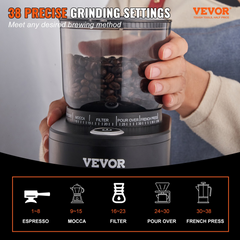 VEVOR 200-Watt Coffee Grinder with 38 Precise Conical Burr Coffee Grinder 5.3-Ounce 20 Cups Coffee Bean Grinder Perfect for Drip, Espresso