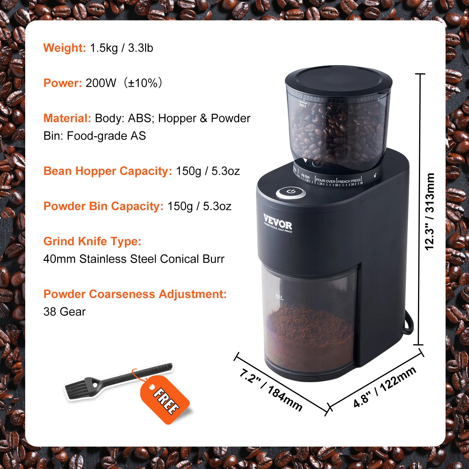 VEVOR 200-Watt Coffee Grinder with 38 Precise Conical Burr Coffee Grinder 5.3-Ounce 20 Cups Coffee Bean Grinder Perfect for Drip, Espresso