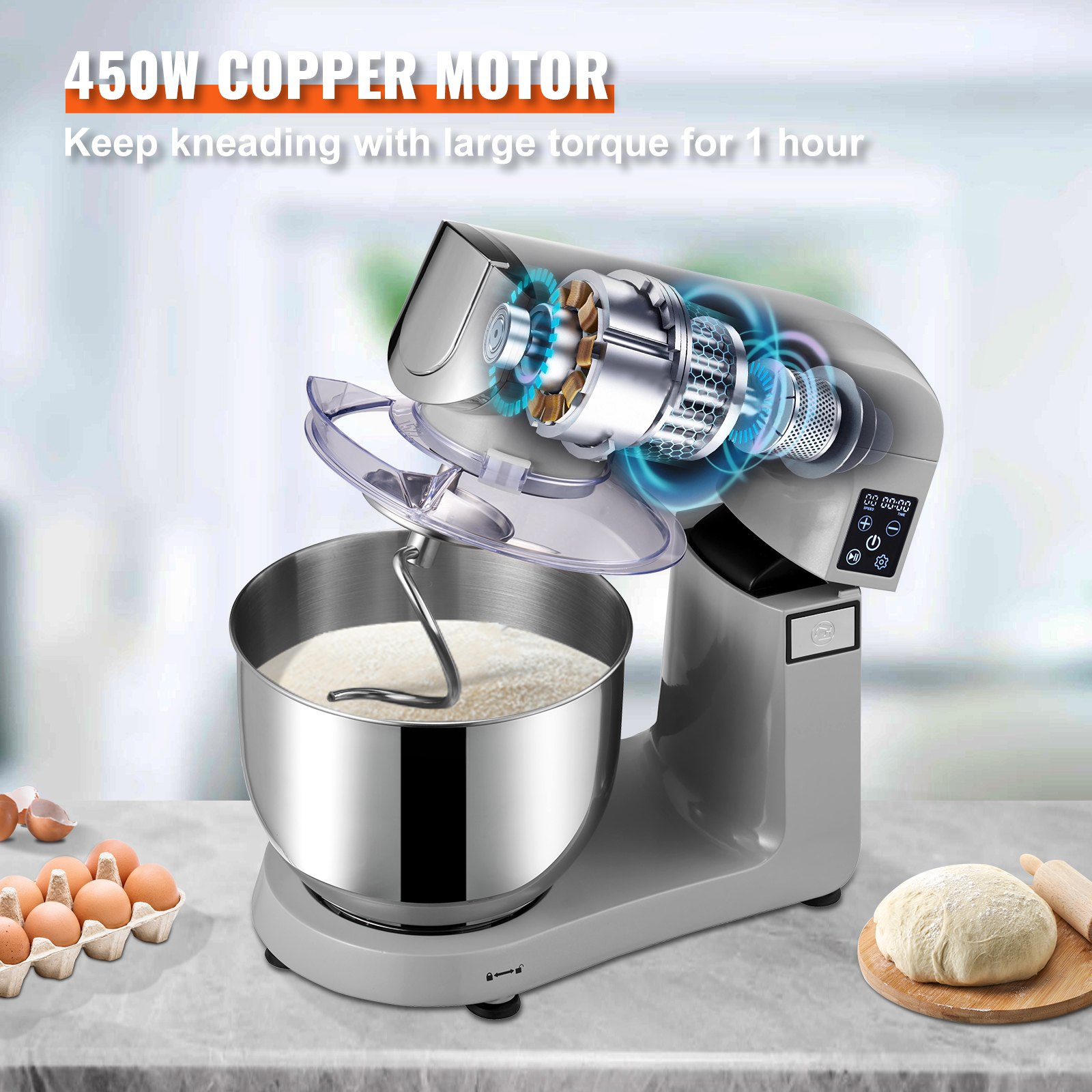 VEVOR 6 in 1 Stand Mixer, 450W Multifunctional Electric Mixer with Tilt-Head, 6 Speeds and LCD Screen Timing, 7.4Qt Stainless Bowl, Dough Hook, Flat Beater, Whisk, Scraper, Grinder, Stuffer, Slicer