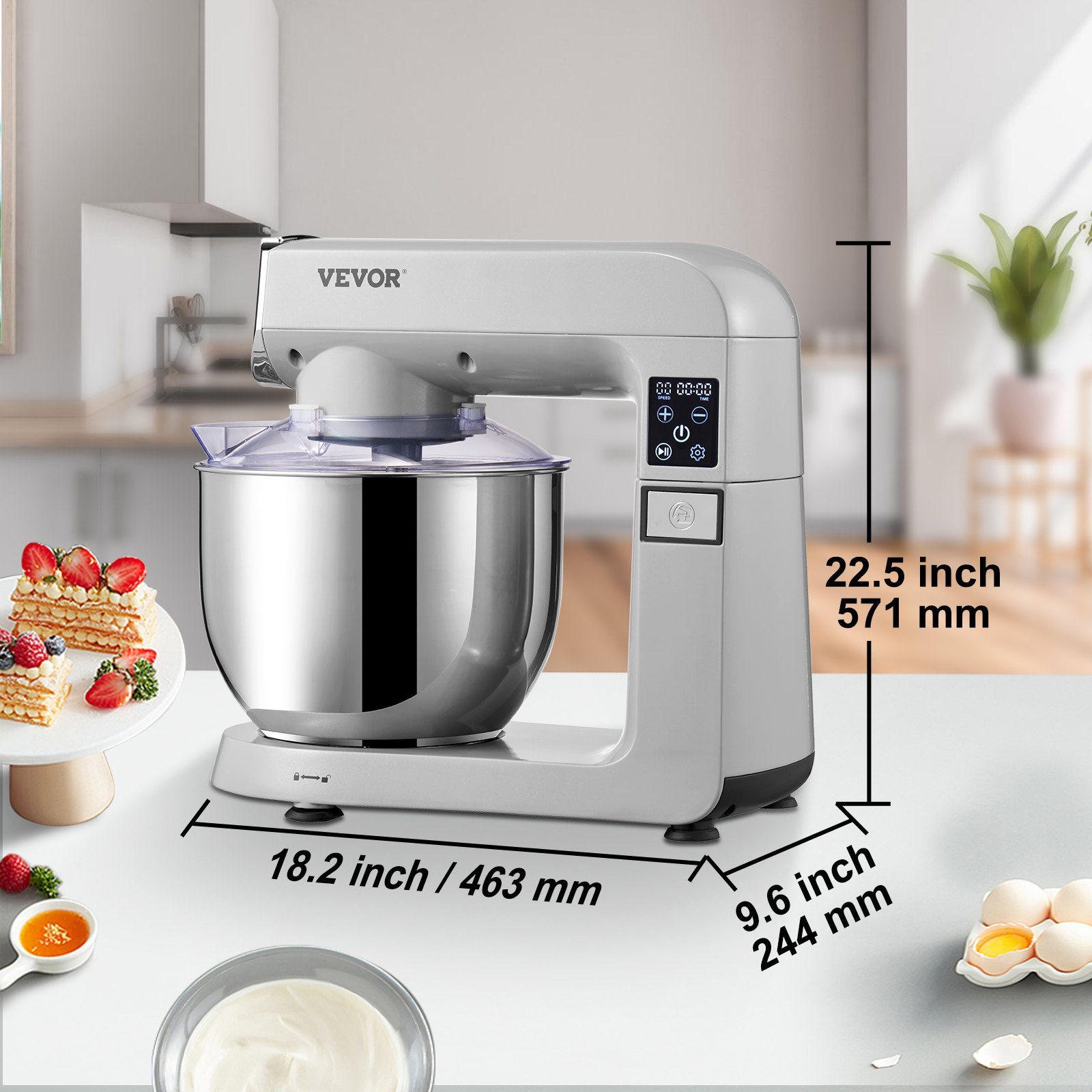 VEVOR 6 in 1 Stand Mixer, 450W Multifunctional Electric Mixer with Tilt-Head, 6 Speeds and LCD Screen Timing, 7.4Qt Stainless Bowl, Dough Hook, Flat Beater, Whisk, Scraper, Grinder, Stuffer, Slicer