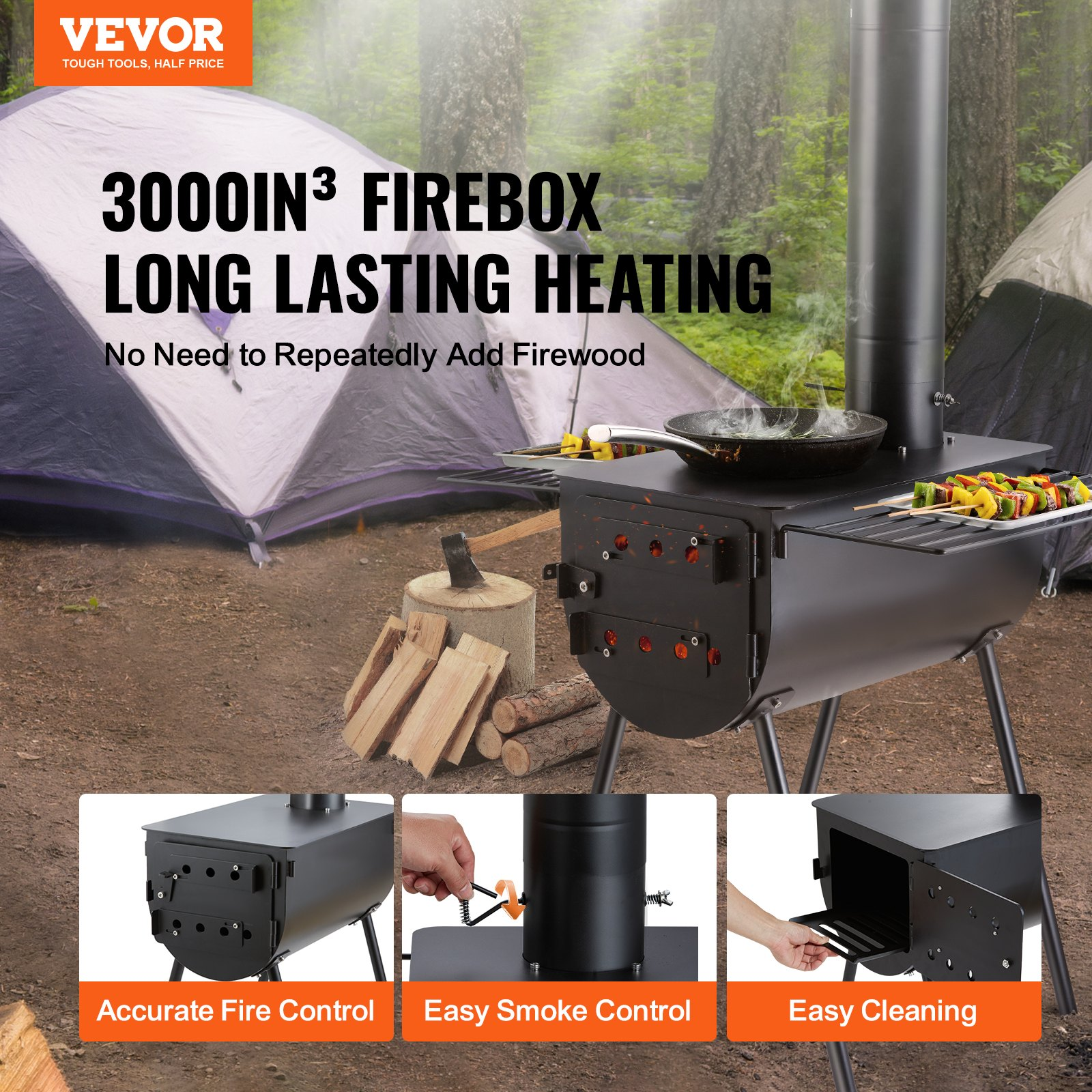 VEVOR Wood Stove, 118 inch, Alloy Steel Camping Tent Stove, Portable Wood Burning Stove with Chimney Pipes & Gloves, 3000in³Firebox Hot Tent Stove for Outdoor Cooking and Heating with 8 Pipes