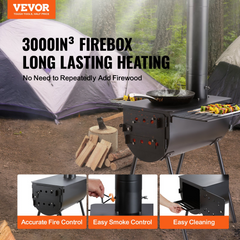 VEVOR Wood Stove, 118 inch, Alloy Steel Camping Tent Stove, Portable Wood Burning Stove with Chimney Pipes & Gloves, 3000in³Firebox Hot Tent Stove for Outdoor Cooking and Heating with 8 Pipes