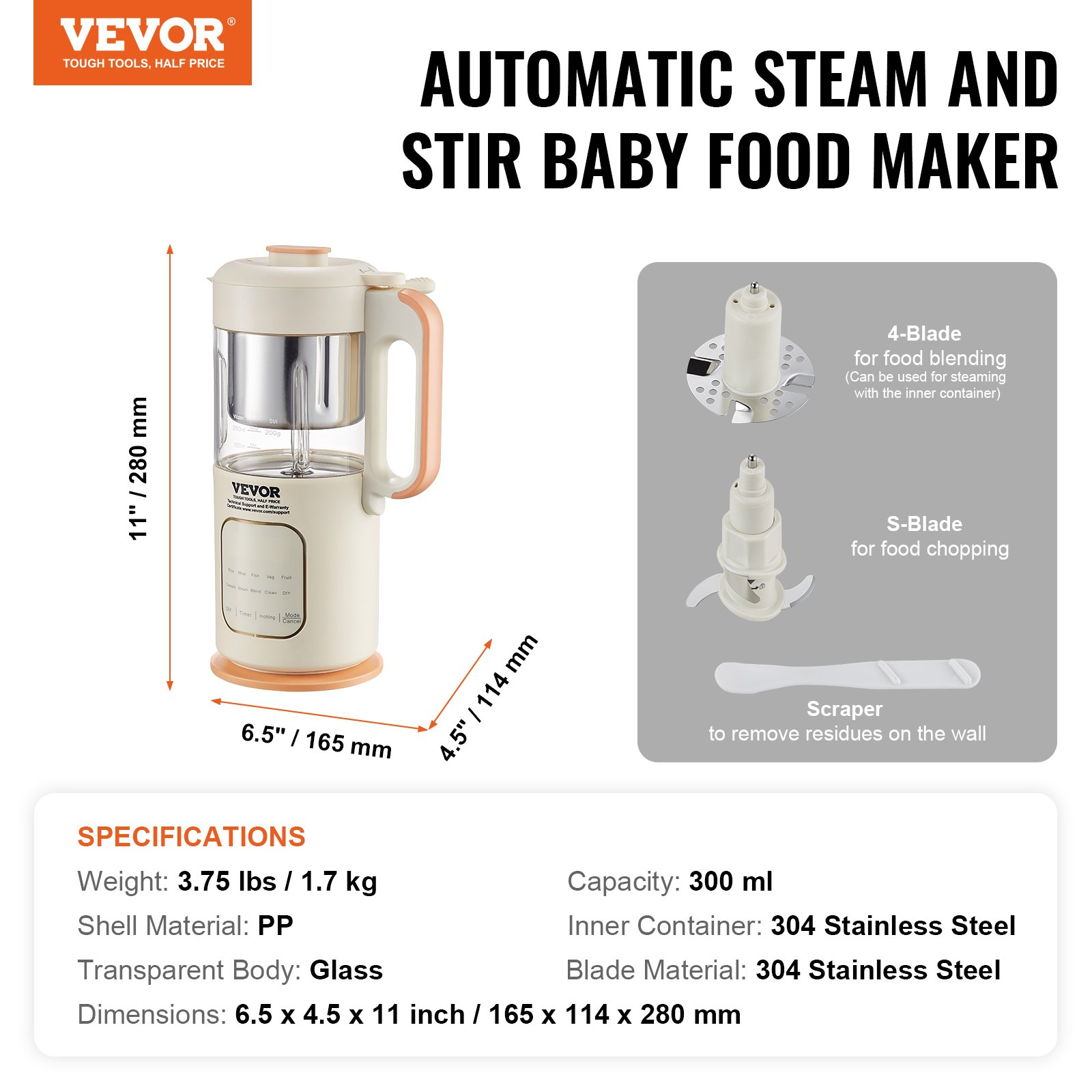 VEVOR Baby Food Maker, 500W Baby Food Processor with 300 ml Glass Bowl, SUS304 Stainless Steel 4-Blade Baby Food Puree Blender Steamer Grinder for Food, Fruit, Vegetable, Meat