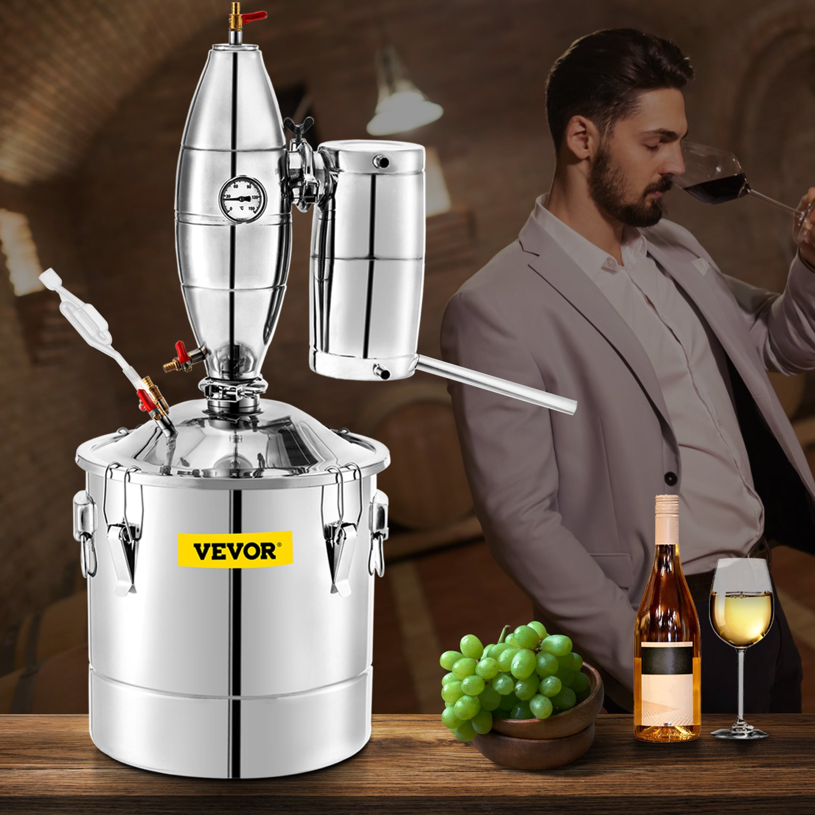 VEVOR 30L 7.9Gal Water Alcohol Distiller 304 Stainless Steel Alcohol Distiller Home Kit Moonshine Wine Making Boiler with Thermometer (30L Distiller)