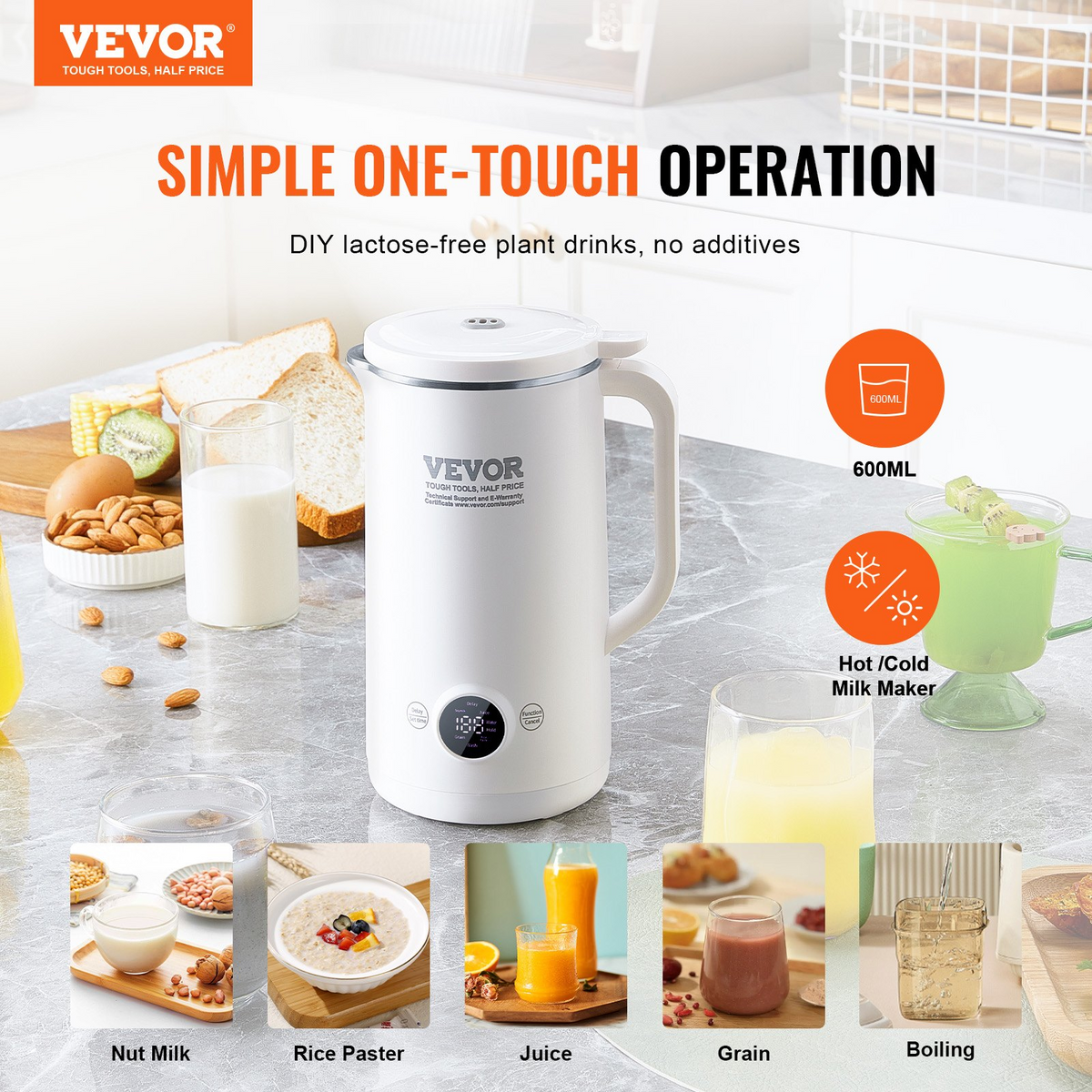 VEVOR Nut Milk Maker 8-in-1 Soy Milk Maker 8-Leaf Blades 600ML 2-18 Hours Timer