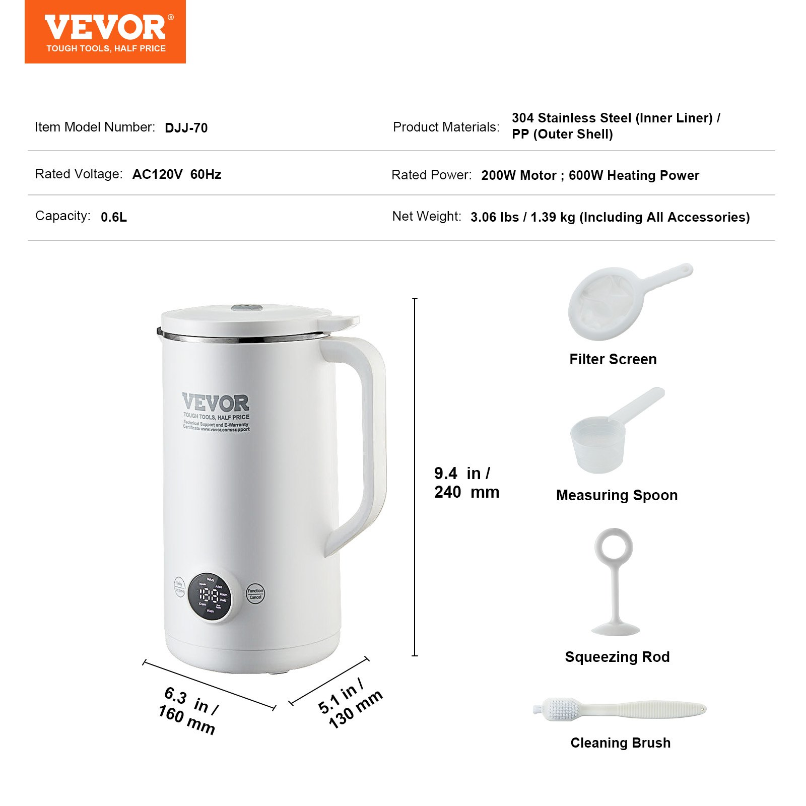 VEVOR Nut Milk Maker 8-in-1 Soy Milk Maker 8-Leaf Blades 600ML 2-18 Hours Timer