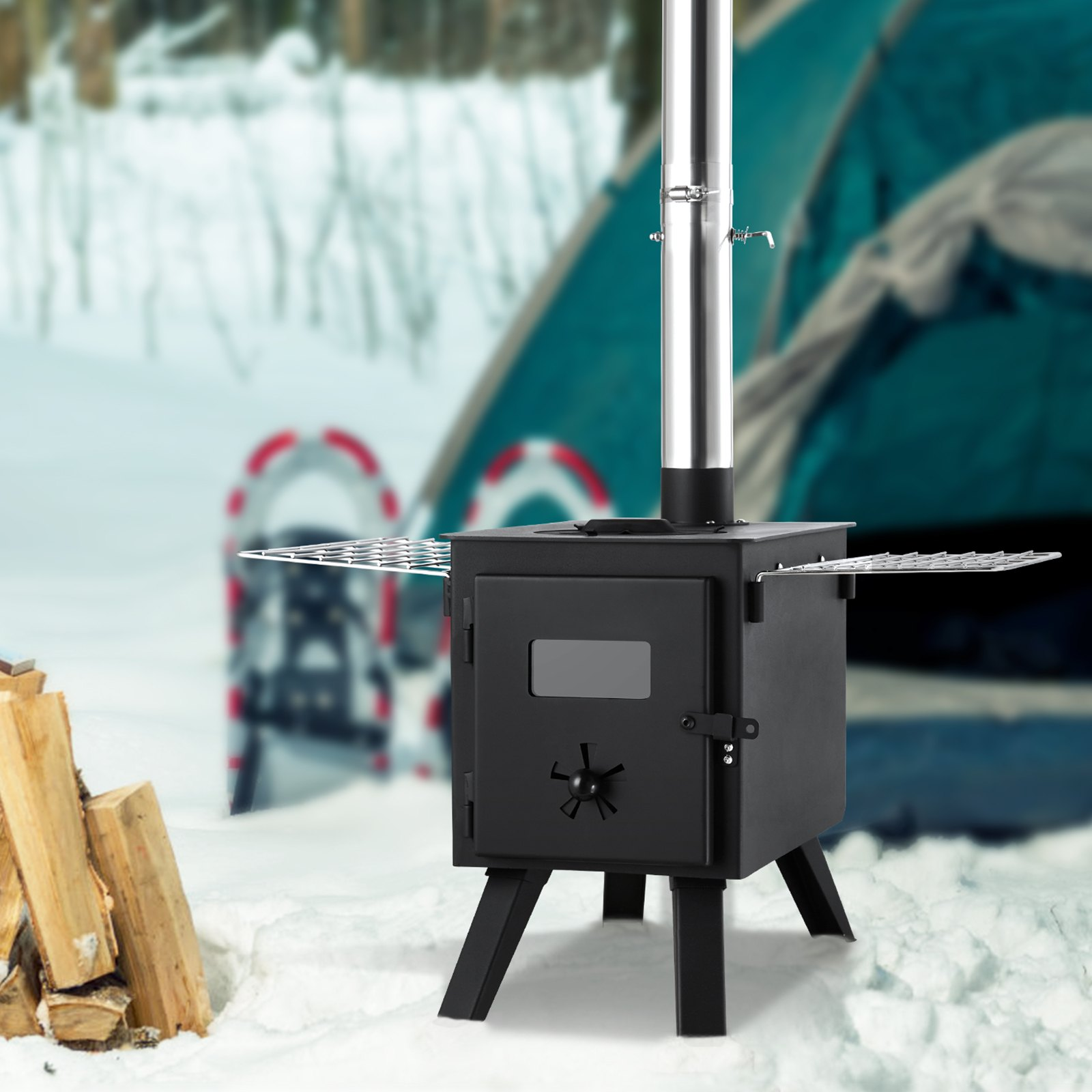 VEVOR Wood Stove, 86 inch, Alloy Steel Camping Tent Stove, Portable Wood Burning Stove with Chimney Pipes & Gloves, 1400in³Firebox Hot Tent Stove for Outdoor Cooking and Heating with 8 Pipes