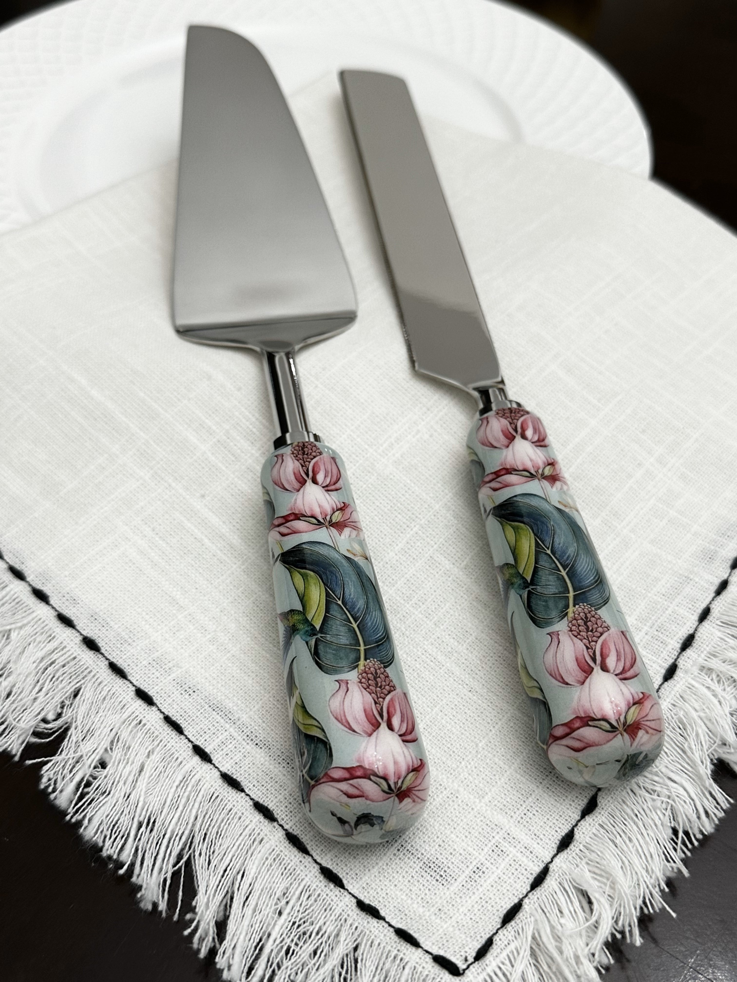 Floral Cake Cutting Knife & Server with Mint Meenakari Work.