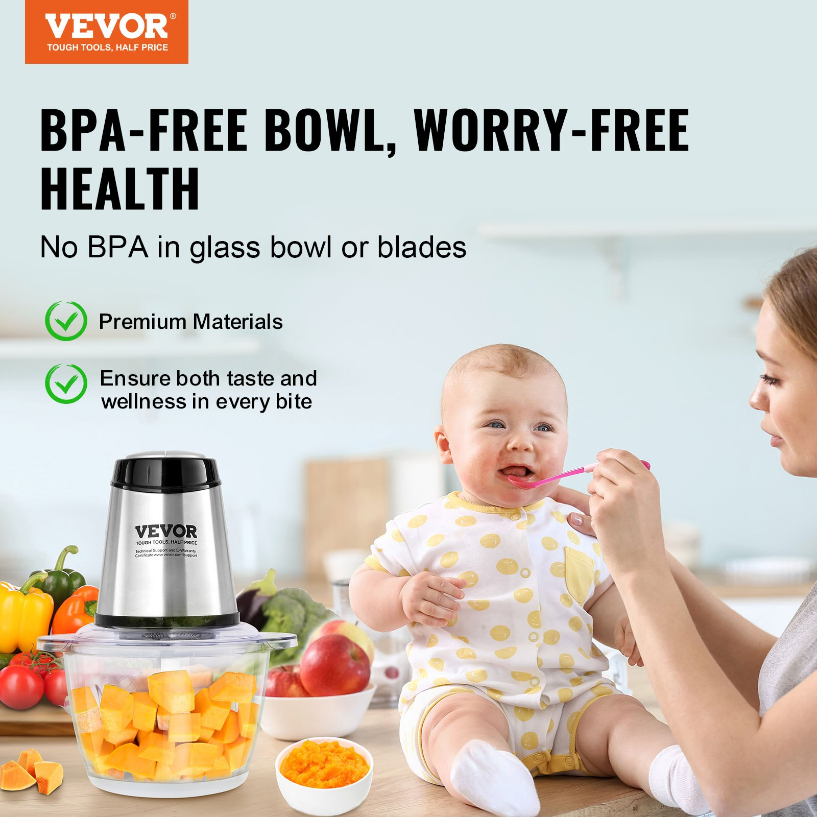 VEVOR Food Processor, Electric Meat Grinder with 4 Stainless Steel Blades, 400W Electric Food Chopper, 5 Cup Glass Bowl, 2 Speeds Food Grinder for Baby Food, Meat, Onion, Vegetables