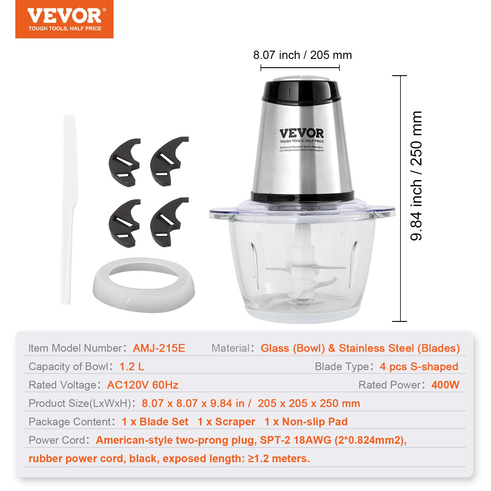 VEVOR Food Processor, Electric Meat Grinder with 4 Stainless Steel Blades, 400W Electric Food Chopper, 5 Cup Glass Bowl, 2 Speeds Food Grinder for Baby Food, Meat, Onion, Vegetables