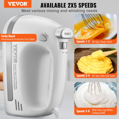 VEVOR Electric Hand Mixer, 5-Speed, 250 Watt Portable Electric Handheld Mixer, with Turbo Boost Beaters Dough Hooks Whisk Storage Case, Baking Supplies for Whipping Mixing Egg Cookie Cake Cream Batter