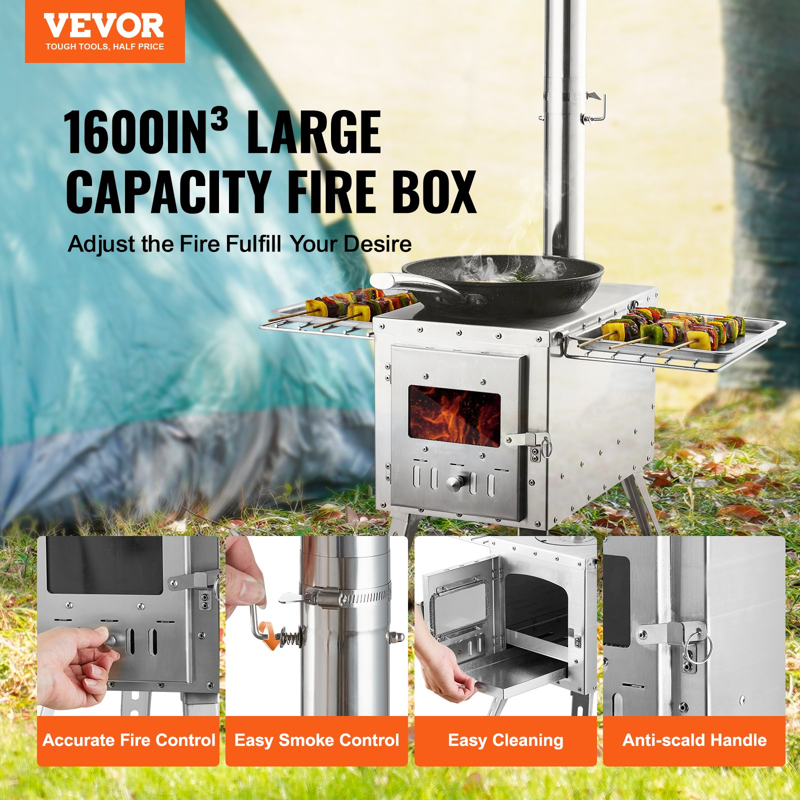 VEVOR Wood Stove, 86 inch, Stainless Steel Camping Tent Stove, Portable Wood Burning Stove with Chimney Pipes & Gloves, 3000in³Firebox Hot Tent Stove for Outdoor Cooking and Heating with 8 Pipes