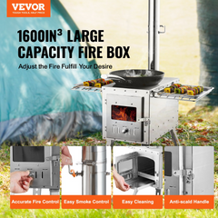 VEVOR Wood Stove, 86 inch, Stainless Steel Camping Tent Stove, Portable Wood Burning Stove with Chimney Pipes & Gloves, 3000in³Firebox Hot Tent Stove for Outdoor Cooking and Heating with 8 Pipes