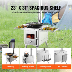 VEVOR Wood Stove, 86 inch, Stainless Steel Camping Tent Stove, Portable Wood Burning Stove with Chimney Pipes & Gloves, 3000in³Firebox Hot Tent Stove for Outdoor Cooking and Heating with 8 Pipes