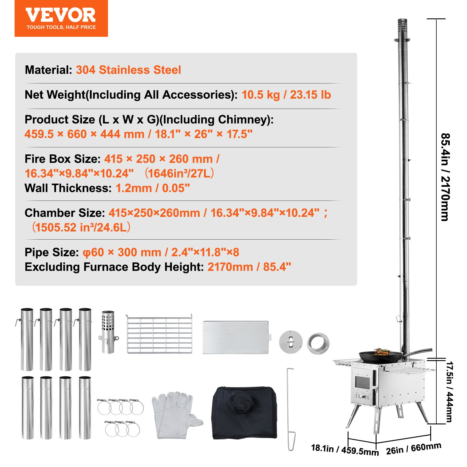 VEVOR Wood Stove, 86 inch, Stainless Steel Camping Tent Stove, Portable Wood Burning Stove with Chimney Pipes & Gloves, 3000in³Firebox Hot Tent Stove for Outdoor Cooking and Heating with 8 Pipes