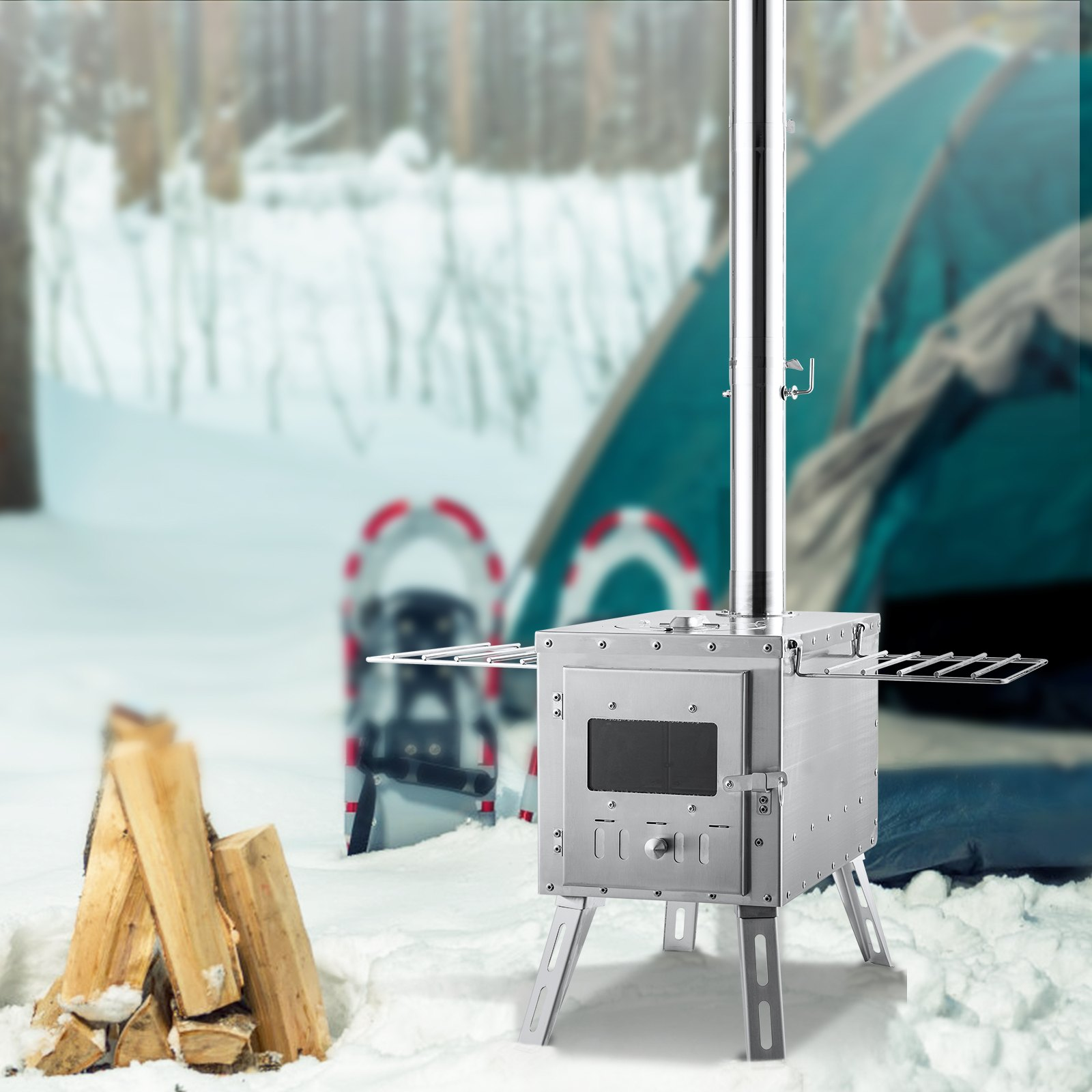 VEVOR Wood Stove, 86 inch, Stainless Steel Camping Tent Stove, Portable Wood Burning Stove with Chimney Pipes & Gloves, 3000in³Firebox Hot Tent Stove for Outdoor Cooking and Heating with 8 Pipes