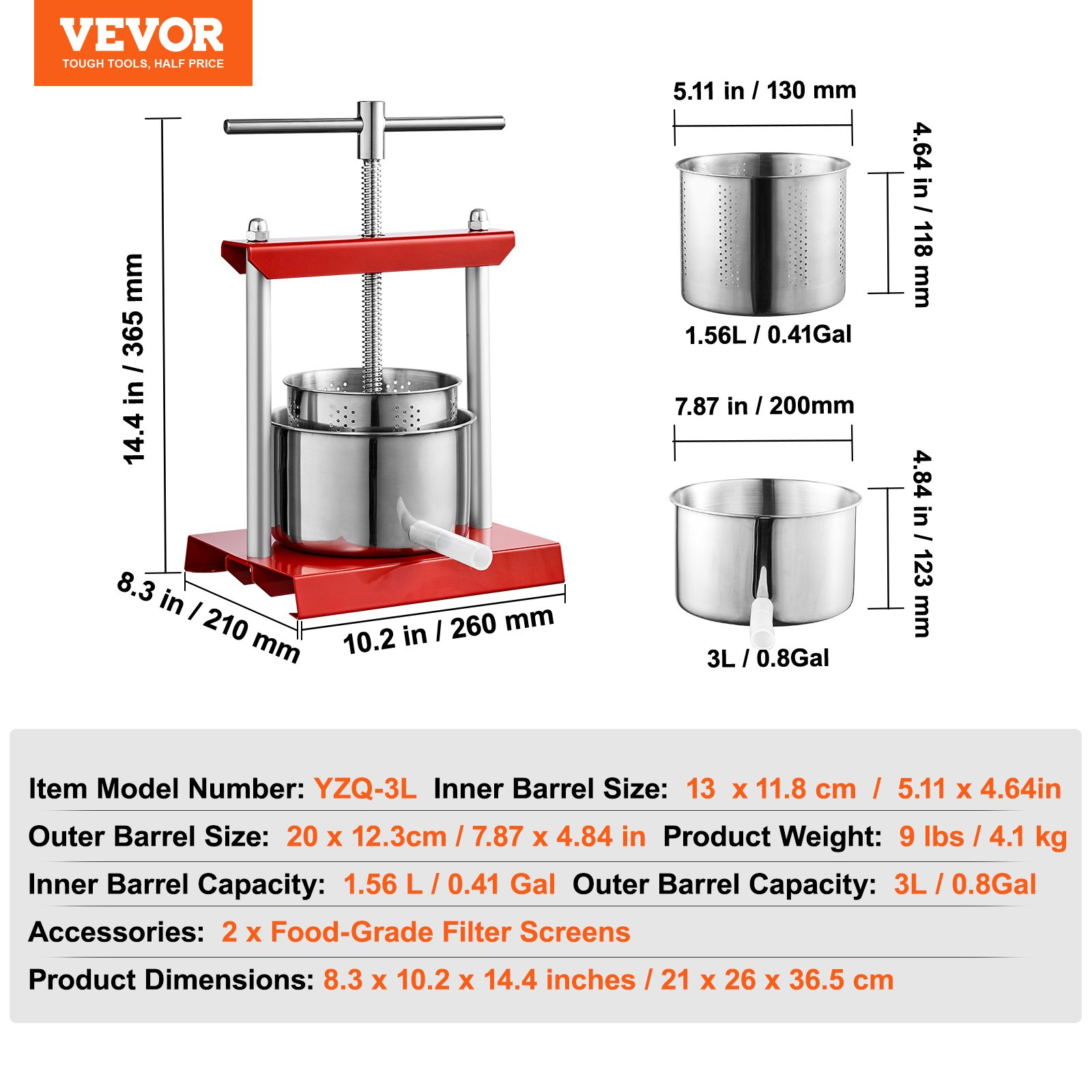 VEVOR Fruit Wine Press, 0.8 Gallon/3L, 2 Stainless Steel Barrels, Manual Juice Maker, Cider Apple Grape Tincture Vegetables Honey Olive Oil Making Press with T-Handle for Outdoor, Kitchen, and Home