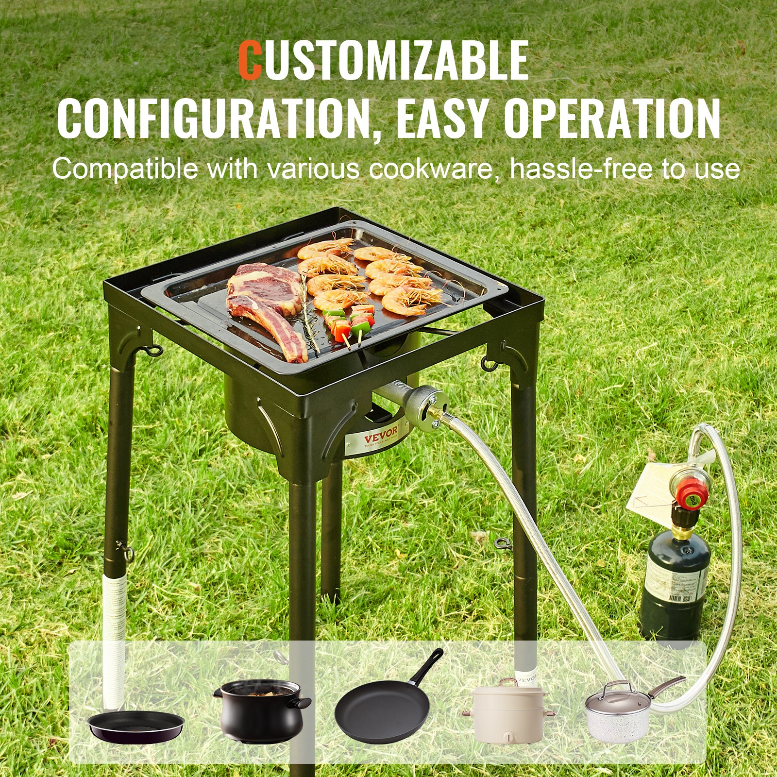 VEVOR Single Burner Outdoor Camping Stove, 30,000-BTU Camping Modular Cooking Stove, Heavy Duty Carbon Steel Gas Cooker with Detachable Legs Stand & PSI Regulator, for BBQ Home Camp Patio RV Cooking