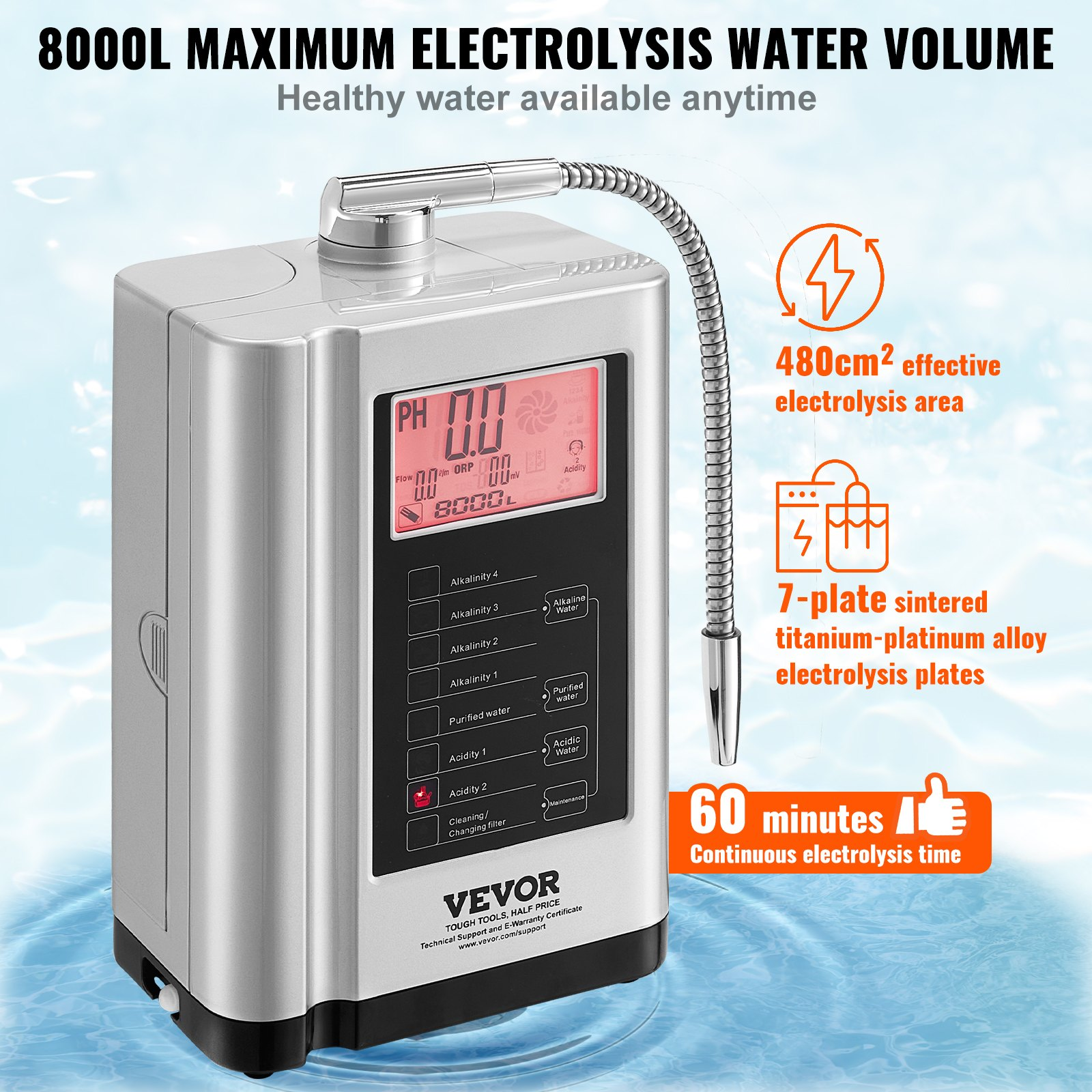 VEVOR Alkaline Water Ionizer Machine, pH 3.5-10.5 Alkaline Acidic Hydrogen Water Purifier, 7 Water Settings Home Filtration System, Up to -650mV ORP, 8000L Per Filter, Auto-Cleaning, White