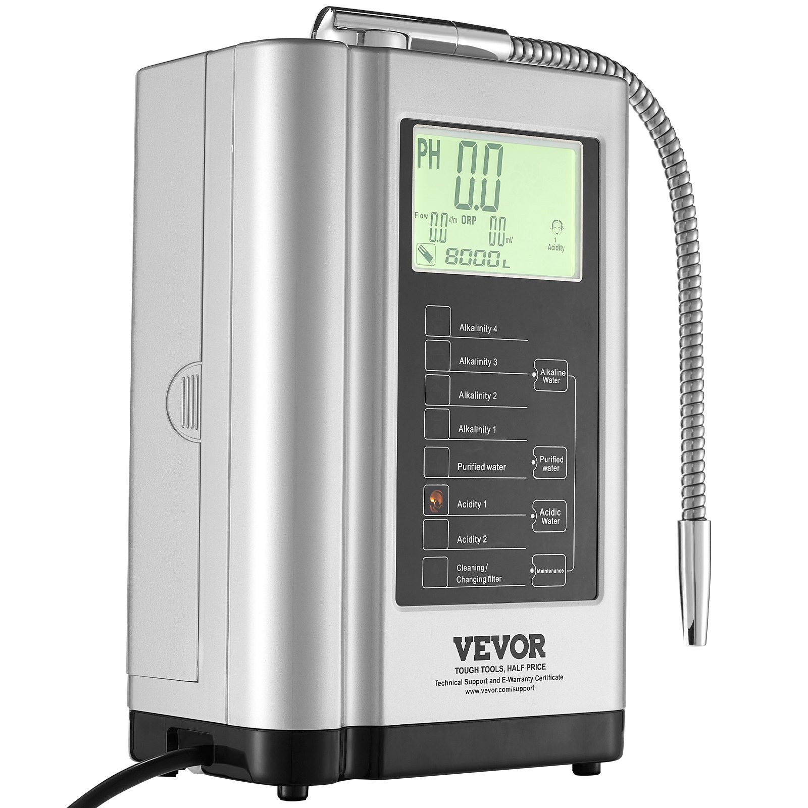 VEVOR Alkaline Water Ionizer Machine, pH 3.5-10.5 Alkaline Acidic Hydrogen Water Purifier, 7 Water Settings Home Filtration System, Up to -650mV ORP, 8000L Per Filter, Auto-Cleaning, White