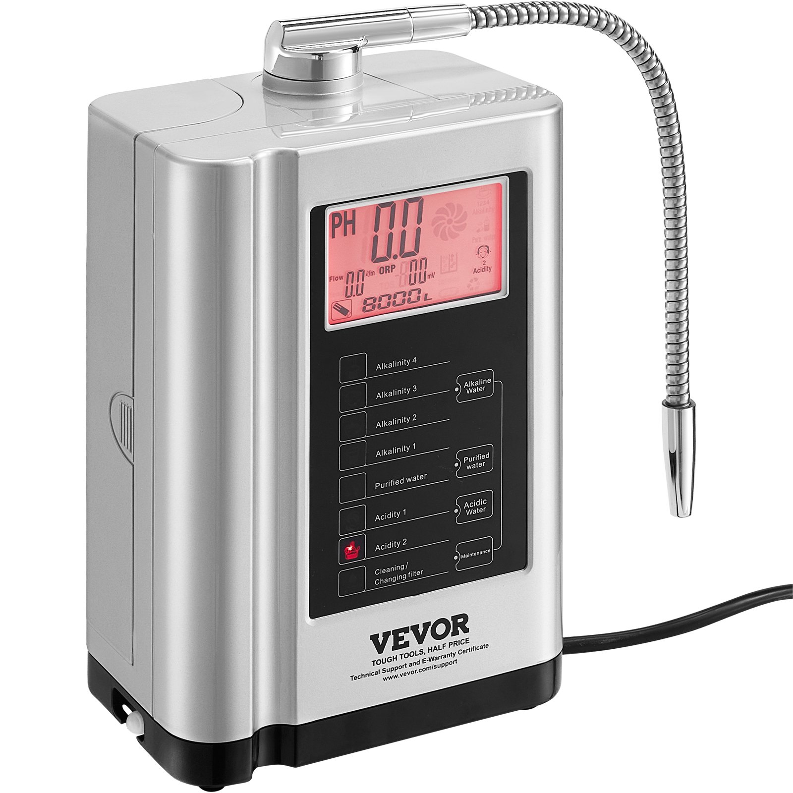 VEVOR Alkaline Water Ionizer Machine, pH 3.5-10.5 Alkaline Acidic Hydrogen Water Purifier, 7 Water Settings Home Filtration System, Up to -650mV ORP, 8000L Per Filter, Auto-Cleaning, White