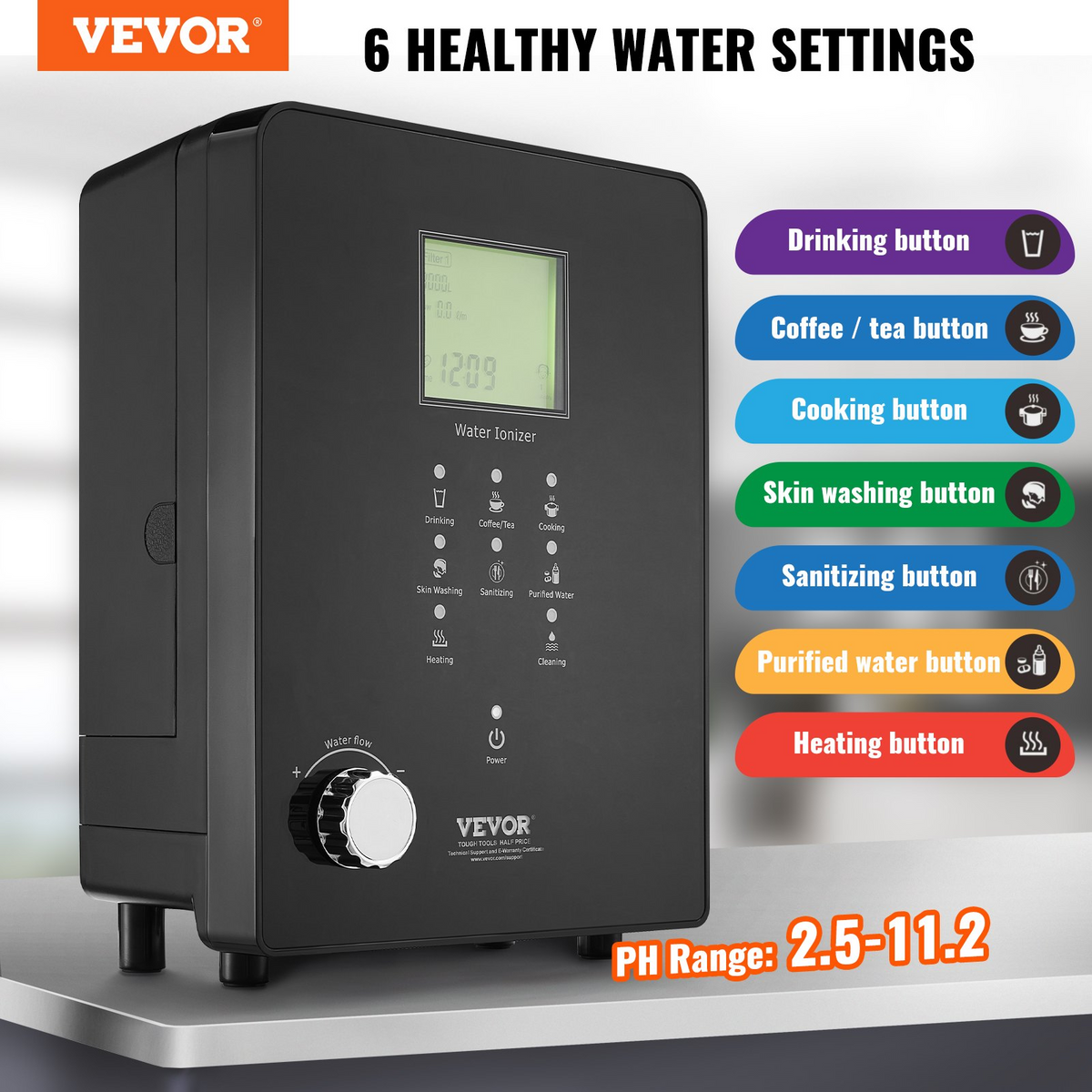 VEVOR Alkaline Water Ionizer Machine, pH 3-11.2 Alkaline Acidic Hydrogen Water Purifier, 6 Water Settings Home Filtration System, Up to -800mV ORP, 9000L Per Filter, UV Function, Water Heating