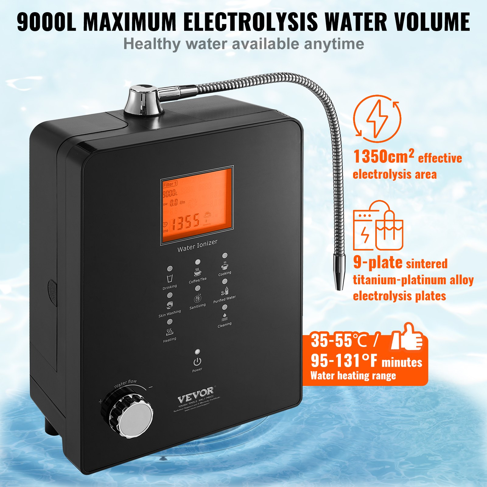 VEVOR Alkaline Water Ionizer Machine, pH 3-11.2 Alkaline Acidic Hydrogen Water Purifier, 6 Water Settings Home Filtration System, Up to -800mV ORP, 9000L Per Filter, UV Function, Water Heating