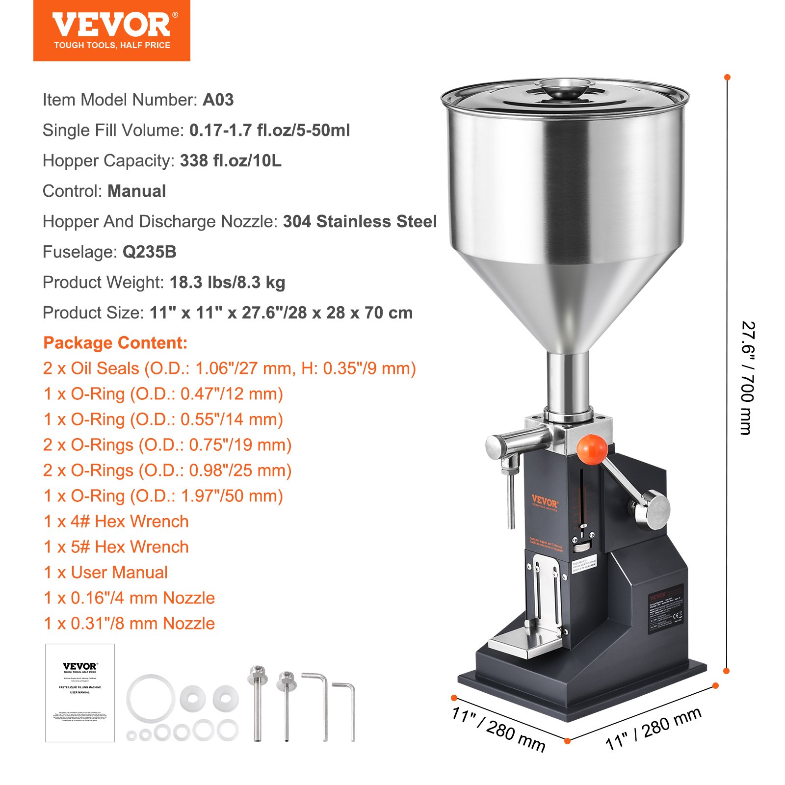 VEVOR Manual Paste Liquid Filling Machine, 5-50ml Bottle Filler, Adjustable Bottle Filling Machine, Stainless Steel Liquid Filler with Hopper for Milk Water Juice Essential Oil Shampoo Cosmetic Honey