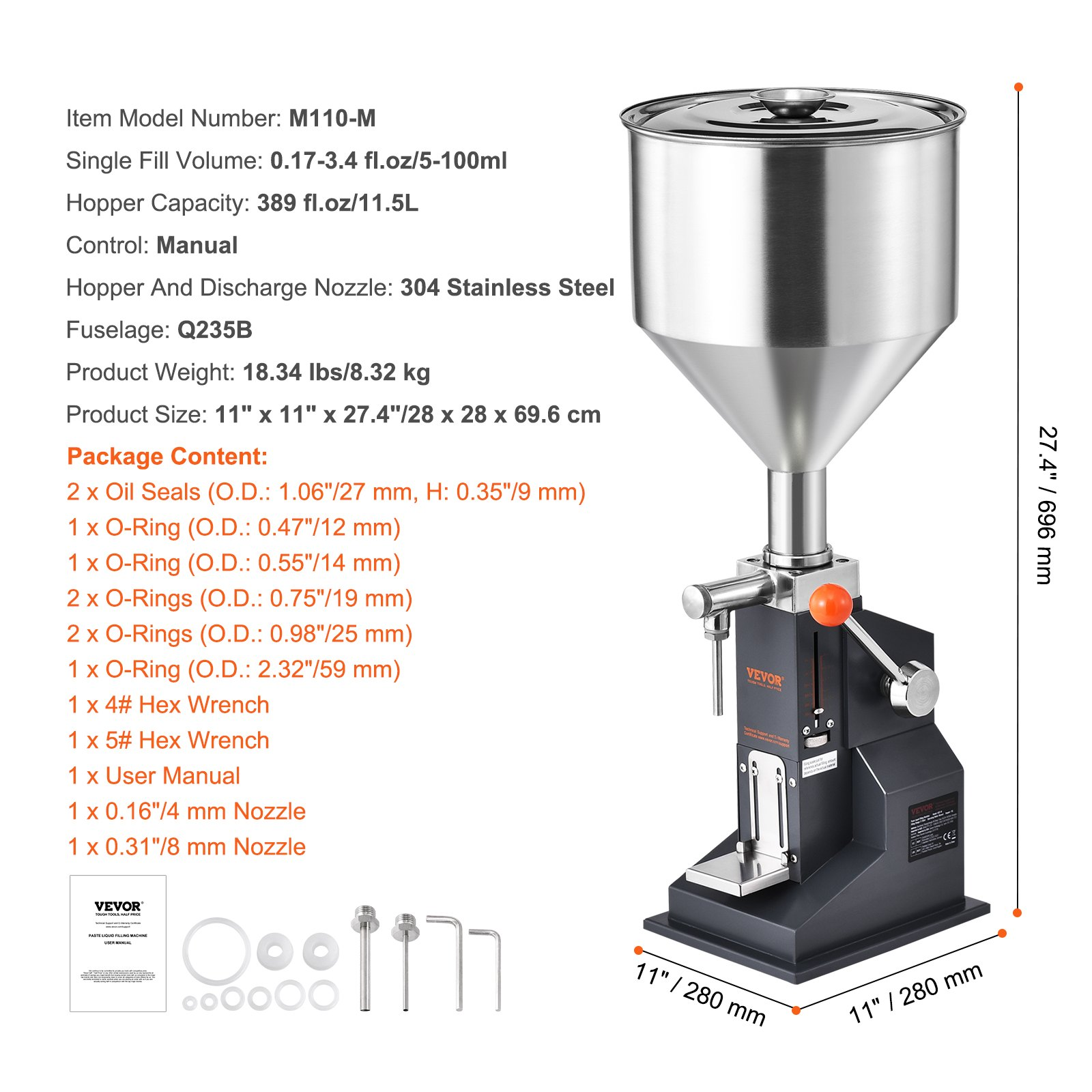 VEVOR Manual Paste Liquid Filling Machine, 5-100ml Bottle Filler, Adjustable Bottle Filling Machine, Stainless Steel Liquid Filler with Hopper for Milk Water Juice Essential Oil Shampoo Cosmetic Honey