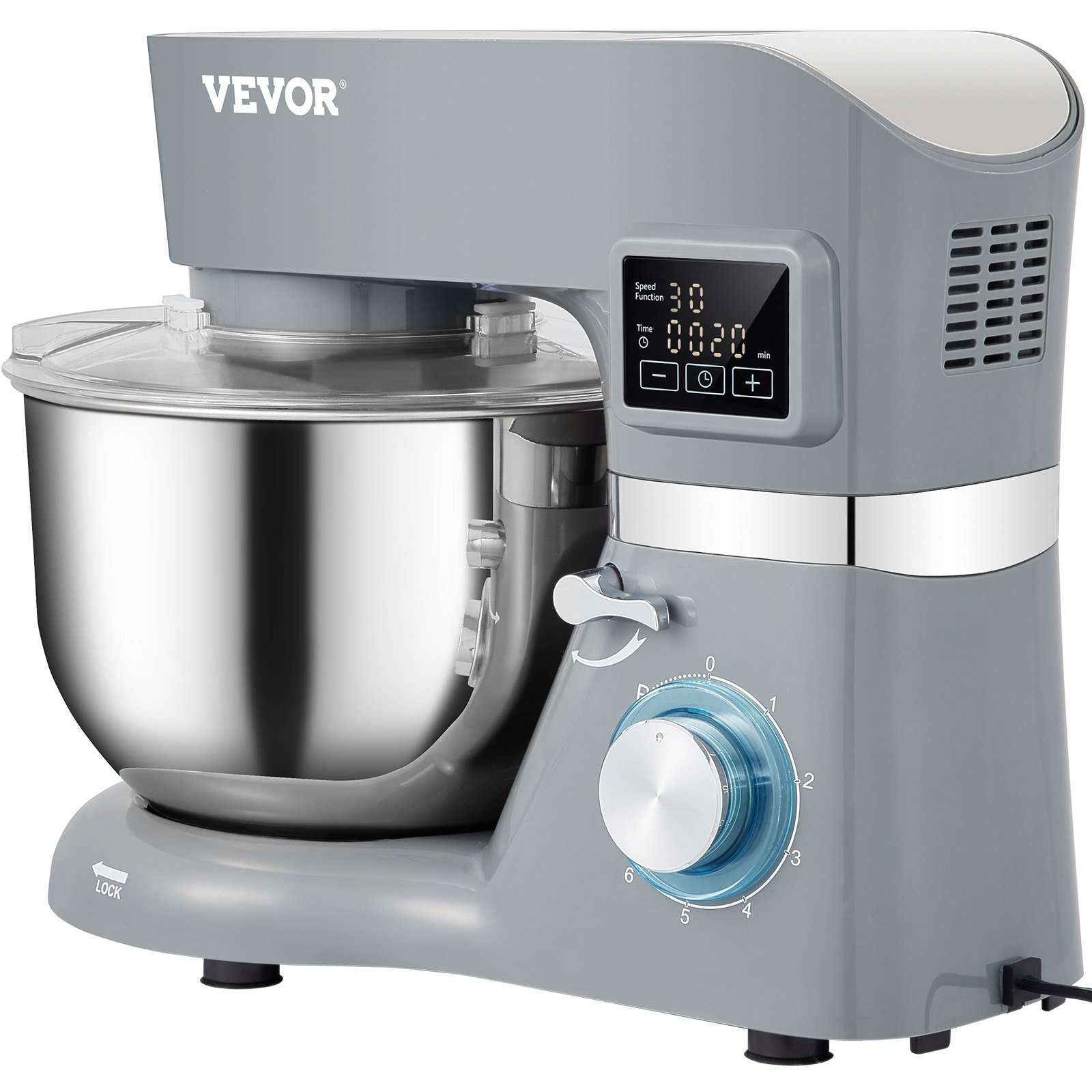 VEVOR Stand Mixer, 660W Electric Dough Mixer with 6 Speeds LCD Screen Timing, Tilt-Head Food Mixer with 5.8 Qt Stainless Steel Bowl, Dough Hook, Flat Beater, Whisk, Scraper, Splash-Proof Cover - Gray