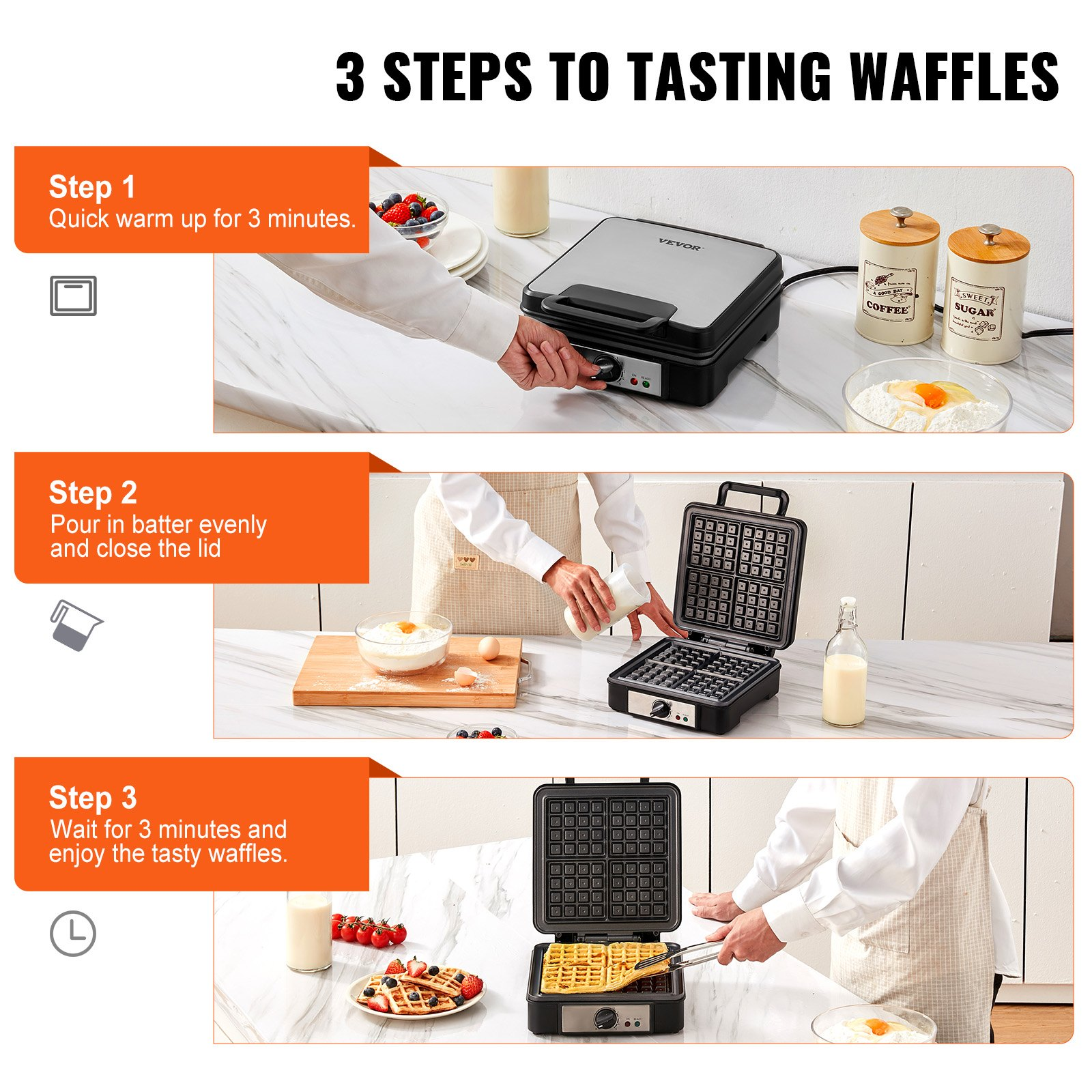 VEVOR Waffle Maker, 4 Slices per Batch, 1200W Square Waffle Iron, Non-Stick Waffle Baker Machine with 122-572℉ / 50-300℃ Temperature Range Teflon-Coated Baking Pans Stainless Steel Body, 120V