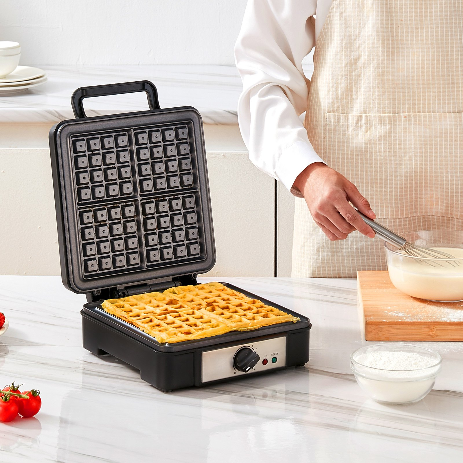 VEVOR Waffle Maker, 4 Slices per Batch, 1200W Square Waffle Iron, Non-Stick Waffle Baker Machine with 122-572℉ / 50-300℃ Temperature Range Teflon-Coated Baking Pans Stainless Steel Body, 120V