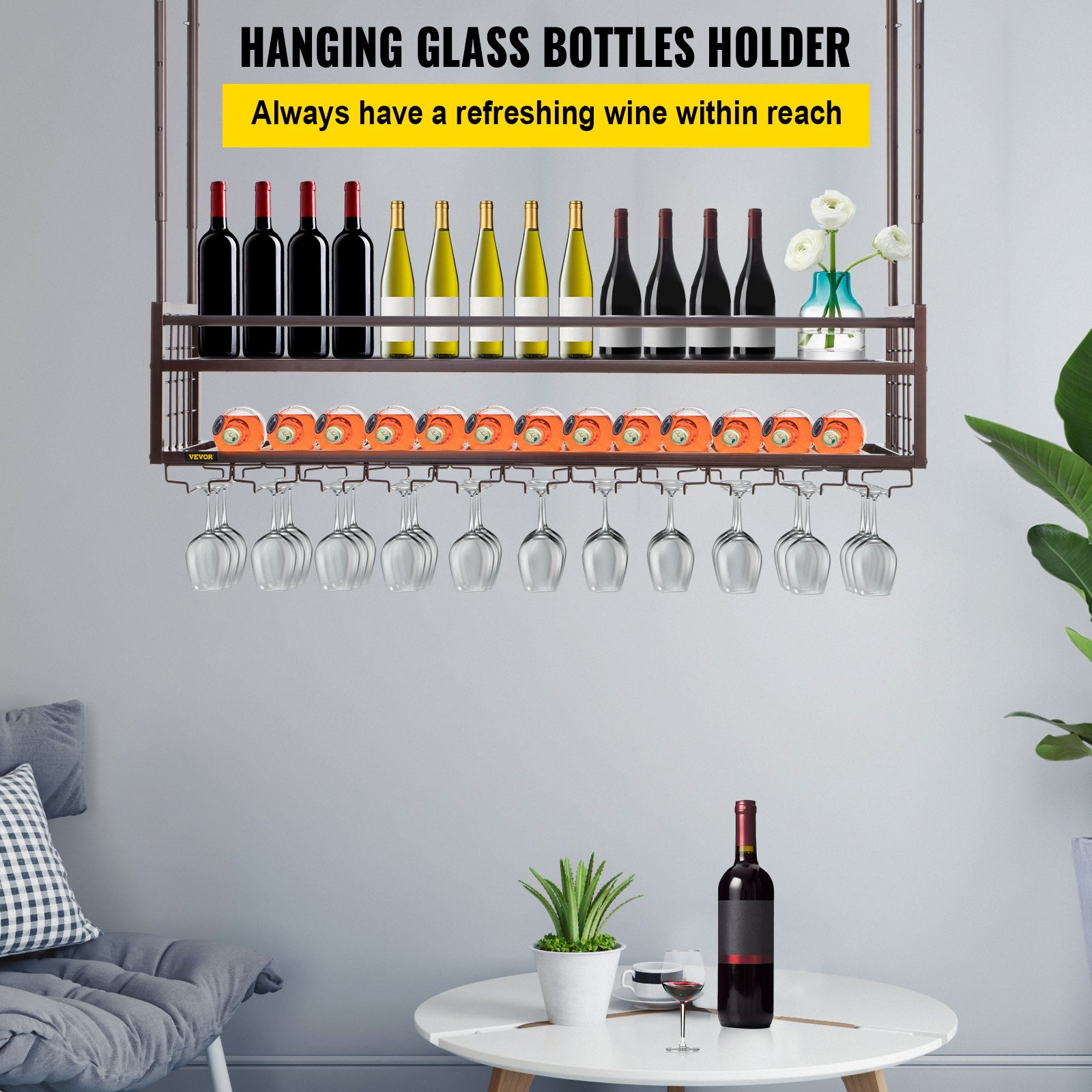 VEVOR Ceiling Wine Glass Rack, 46.9 x 11.8 inch Hanging Wine Glass Rack, 18.9-35.8 inch Height Adjustable Hanging Wine Rack Cabinet, Coppery Wall-Mounted Wine Glass Rack Perfect for Bar Cafe Kitchen