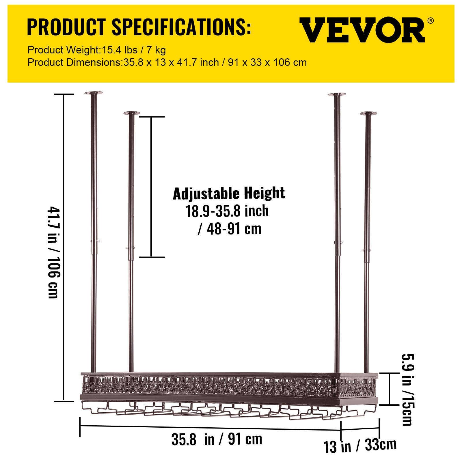 VEVOR Ceiling Wine Glass Rack, 35.8 x 13 inch Hanging Wine Glass Rack, 18.9-35.8 inch Height Adjustable Hanging Wine Rack Cabinet, Coppery Wall-Mounted Wine Glass Rack Perfect for Bar Cafe Kitchen