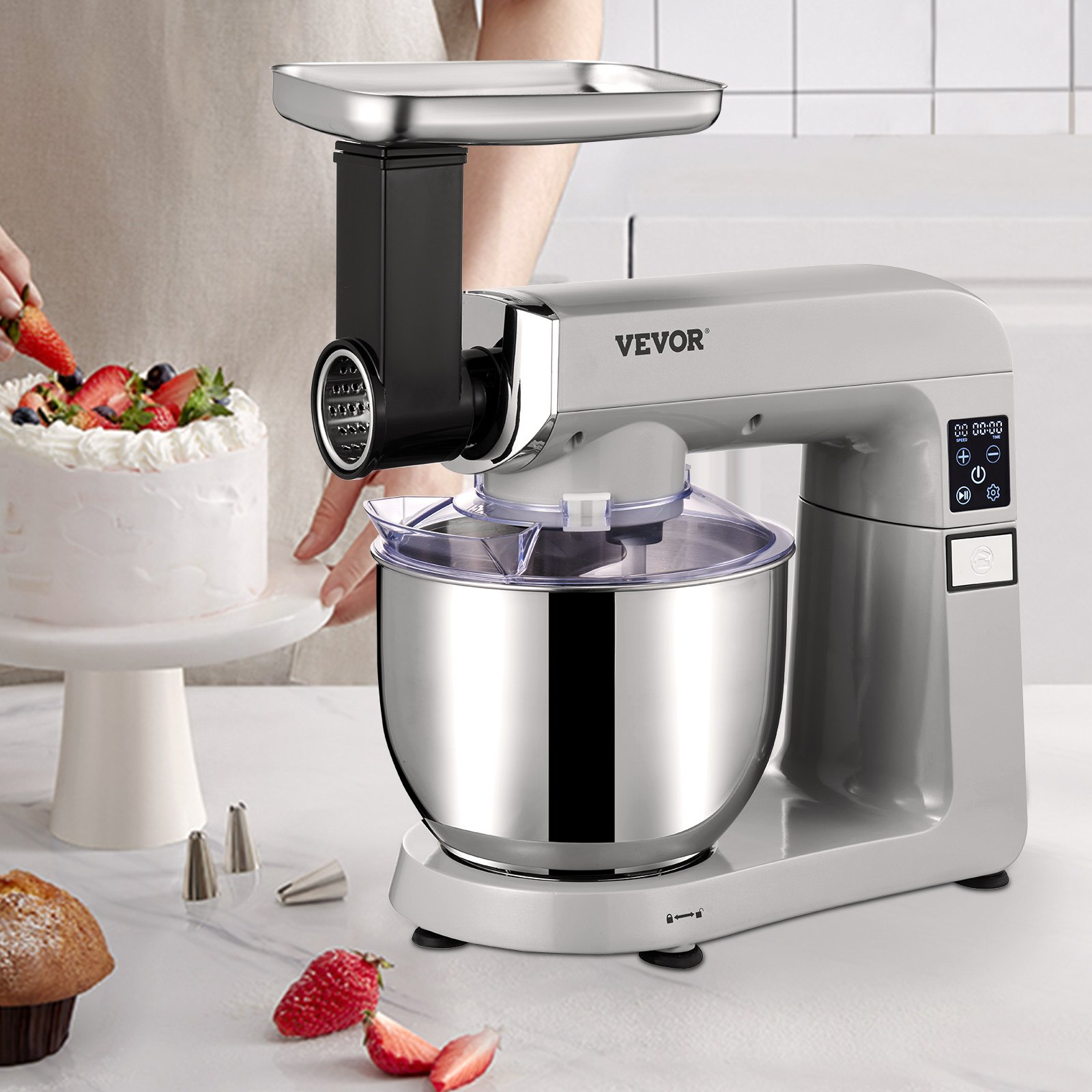 VEVOR 6 in 1 Stand Mixer, 450W Multifunctional Electric Mixer with Tilt-Head, 6 Speeds and LCD Screen Timing, 7.4Qt Stainless Bowl, Dough Hook, Flat Beater, Whisk, Scraper, Grinder, Stuffer, Slicer