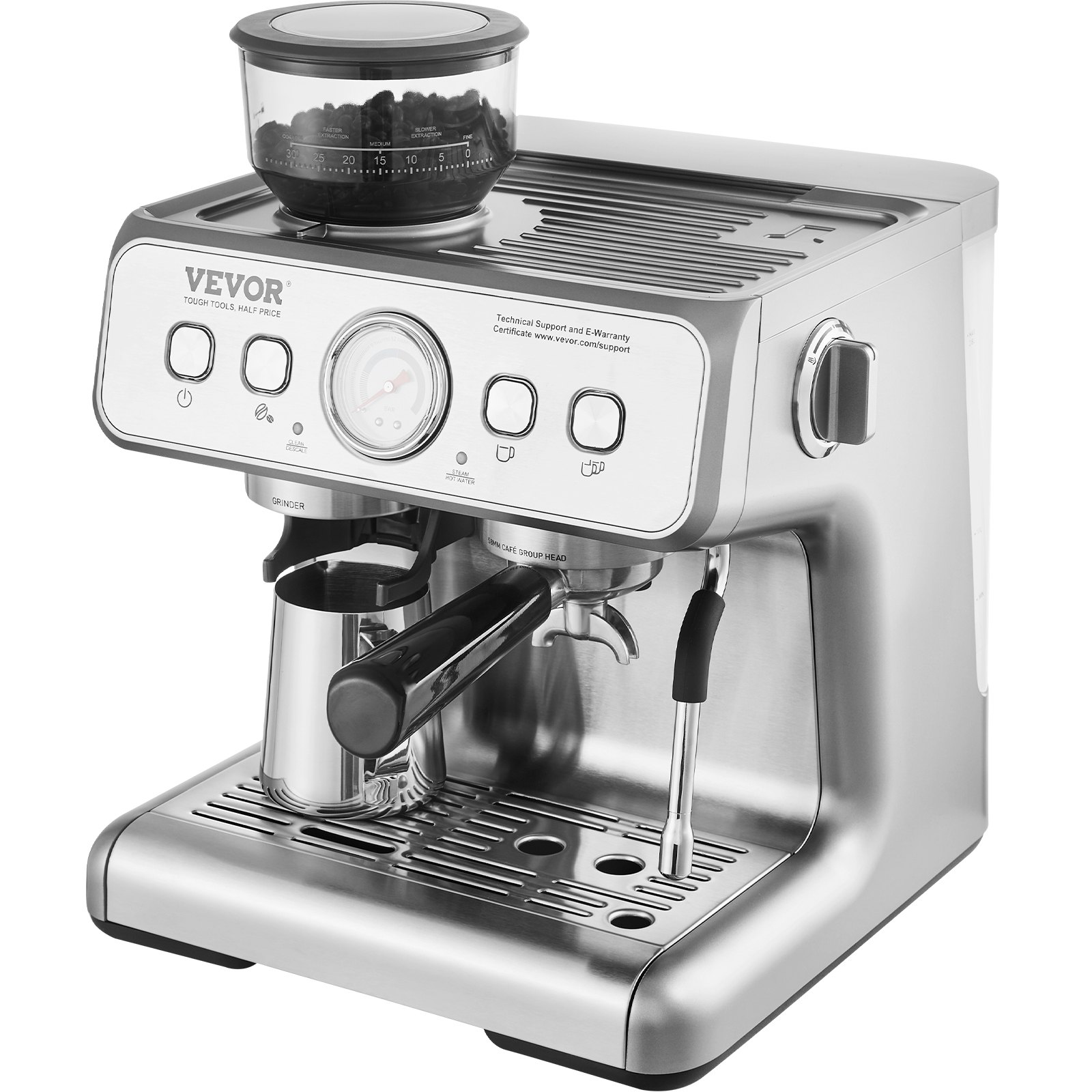 VEVOR Espresso Machine with Grinder, 15 Bar Semi-Automatic Espresso Coffee Maker with Milk Frother Steam Wand, Removable Water Tank & Pressure Gauge for Cappuccino, Latte, Machiato, PID Control System