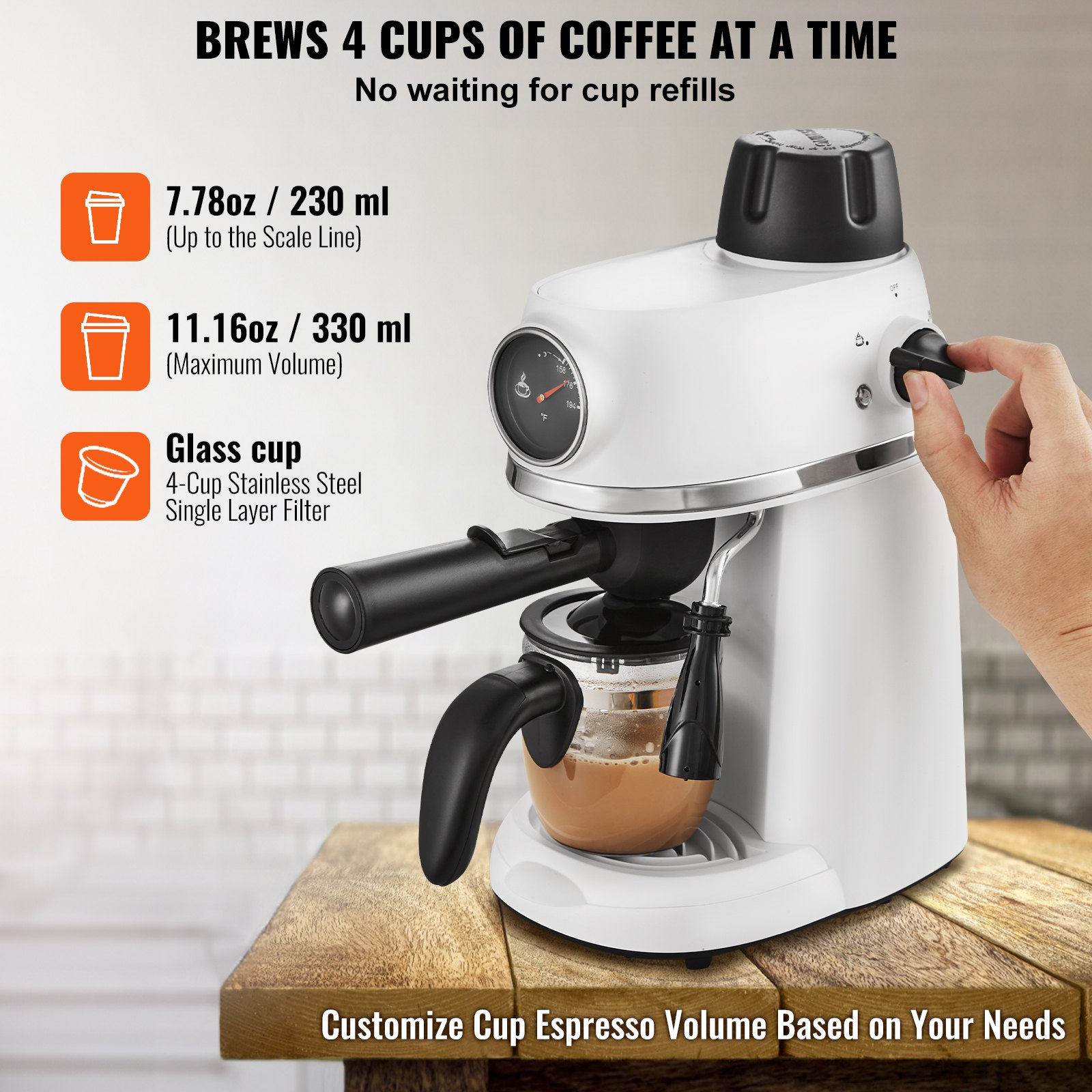 VEVOR Espresso Machine, 3.5 Bar Espresso Maker with Milk Frother Steam Wand, 4-Cup Professional Coffee/Espresso Machine with Temp Gauge & Removable Water Tank for Latte Cappuccino, NTC Control System