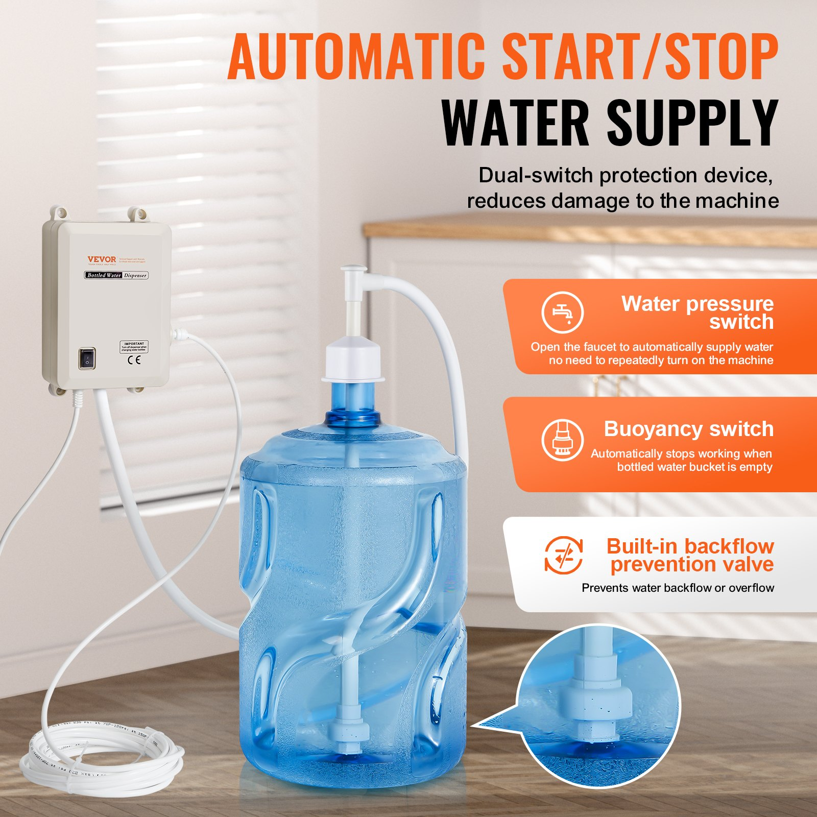 VEVOR Bottled Water Dispensing Pump System,110V 20ft US Plug High Flow Bottled Water Pump with Single Inlet , Bottled Water System for Home Kitchen Office Bar Coffee Brewer Ice-Maker Refrigerator