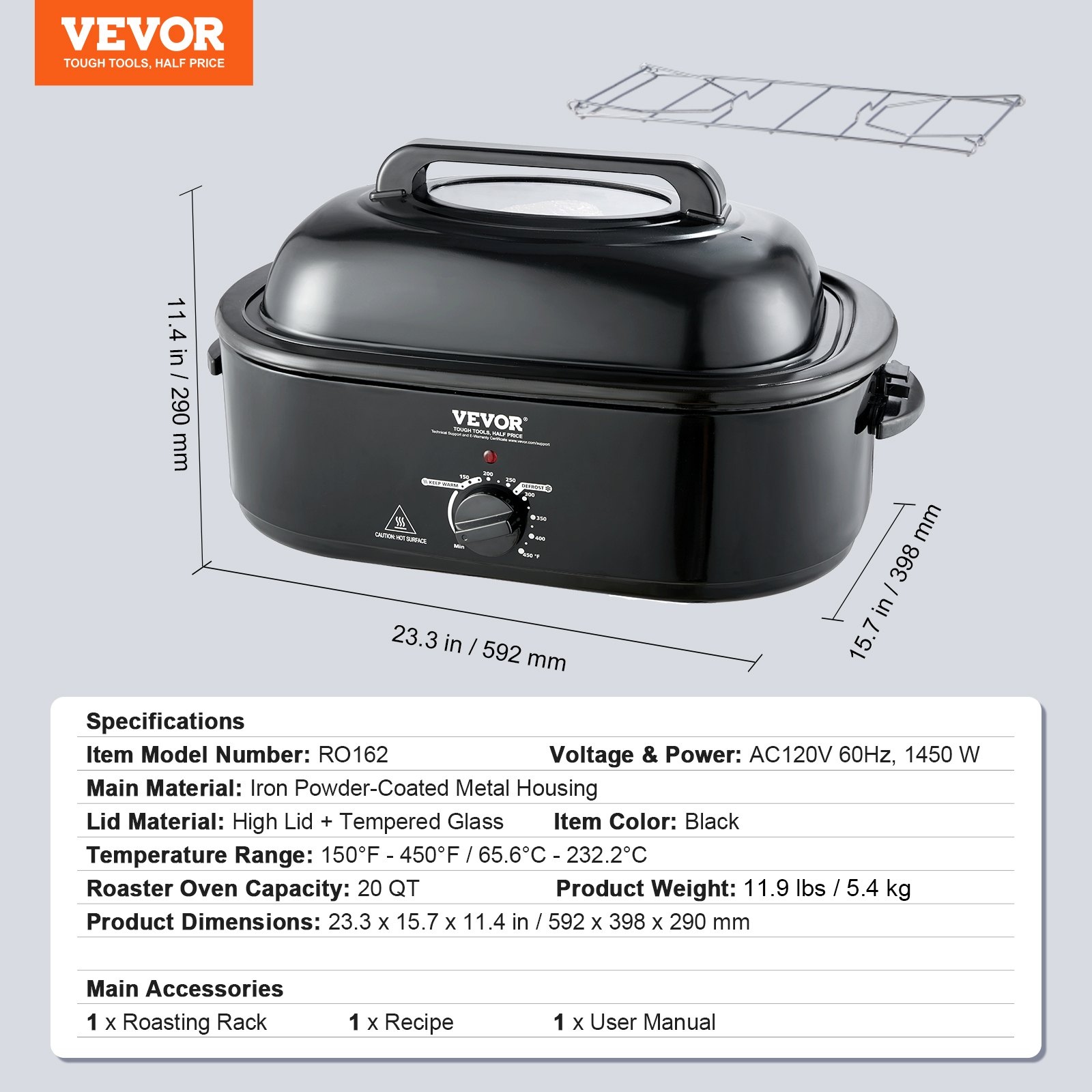 VEVOR Electric Roaster Oven, 20 QT Turkey Roaster Oven with Self-Basting Lid, 1450W Roaster Oven with Defrost & Warm Function, Adjustable Temperature, Removable Pan & Rack, Fits Turkeys Up to 24LBS