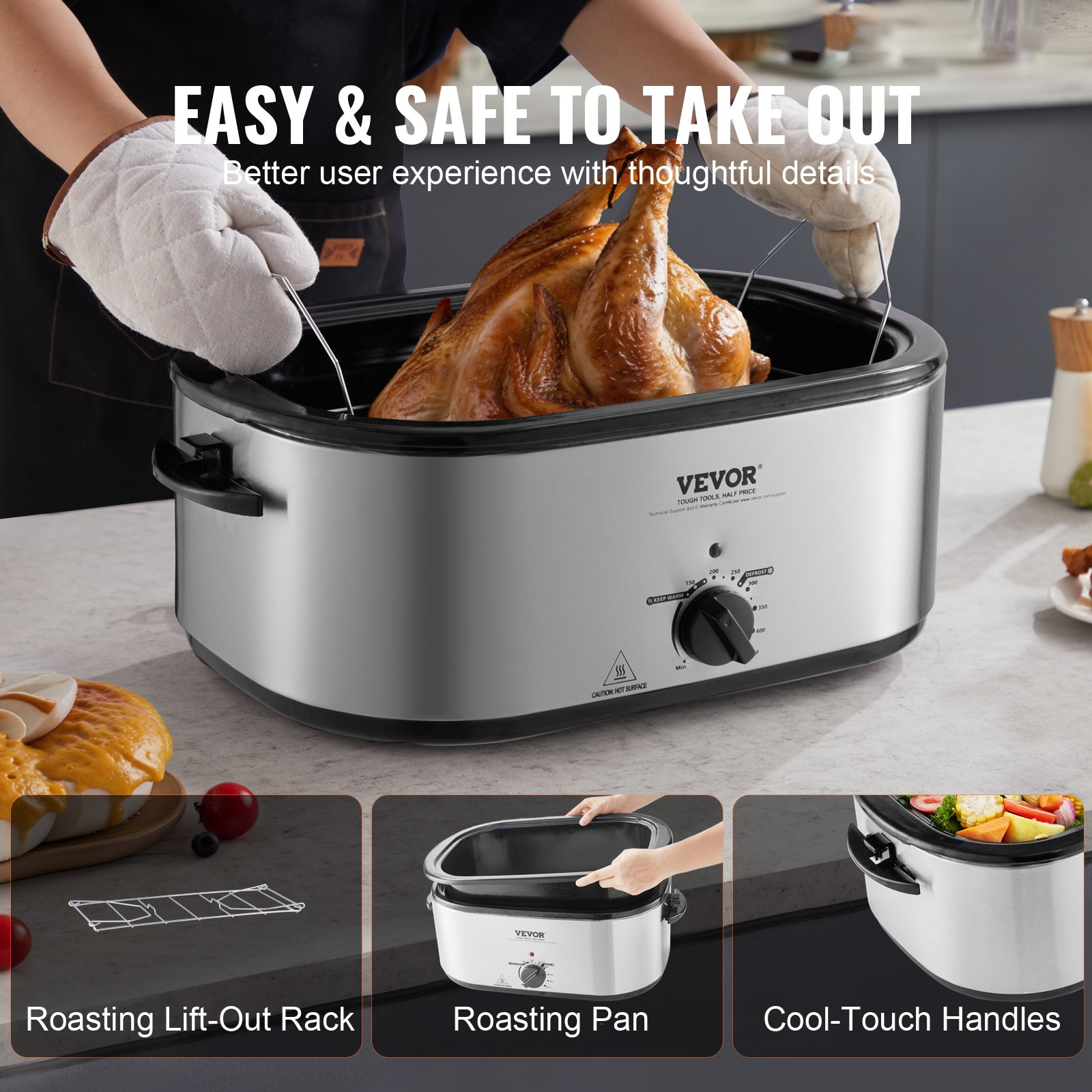 VEVOR Electric Roaster Oven, 26 QT Turkey Roaster Oven with Self-Basting Lid, 1450W Roaster Oven with Defrost & Warm Function, Adjustable Temperature, Removable Pan & Rack, Fits Turkeys Up to 30LBS