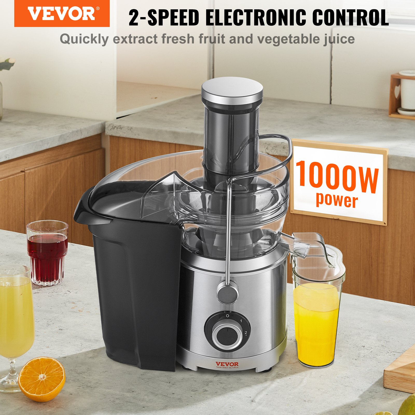 VEVOR Juicer Machine, 1000W Motor Centrifugal Juice Extractor, Easy Clean Centrifugal Juicers, Big Mouth Large 3" Feed Chute for Fruits and Vegetables, 2 Speeds Juice Maker, Stainless Steel, BPA Free