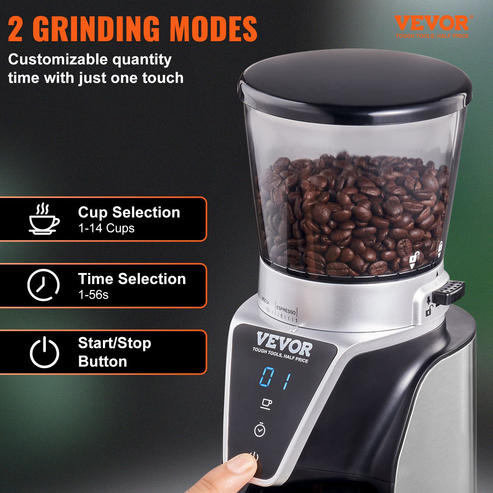 VEVOR 165-Watt Conical Burr Grinder, Electric Adjustable Burr Mill with 51 Precise Grind Setting, 9.7-Ounce 13 Cups Coffee Bean Grinder, Perfect for Drip, Mocha, Hand Brew, French Press, Espresso, Silver