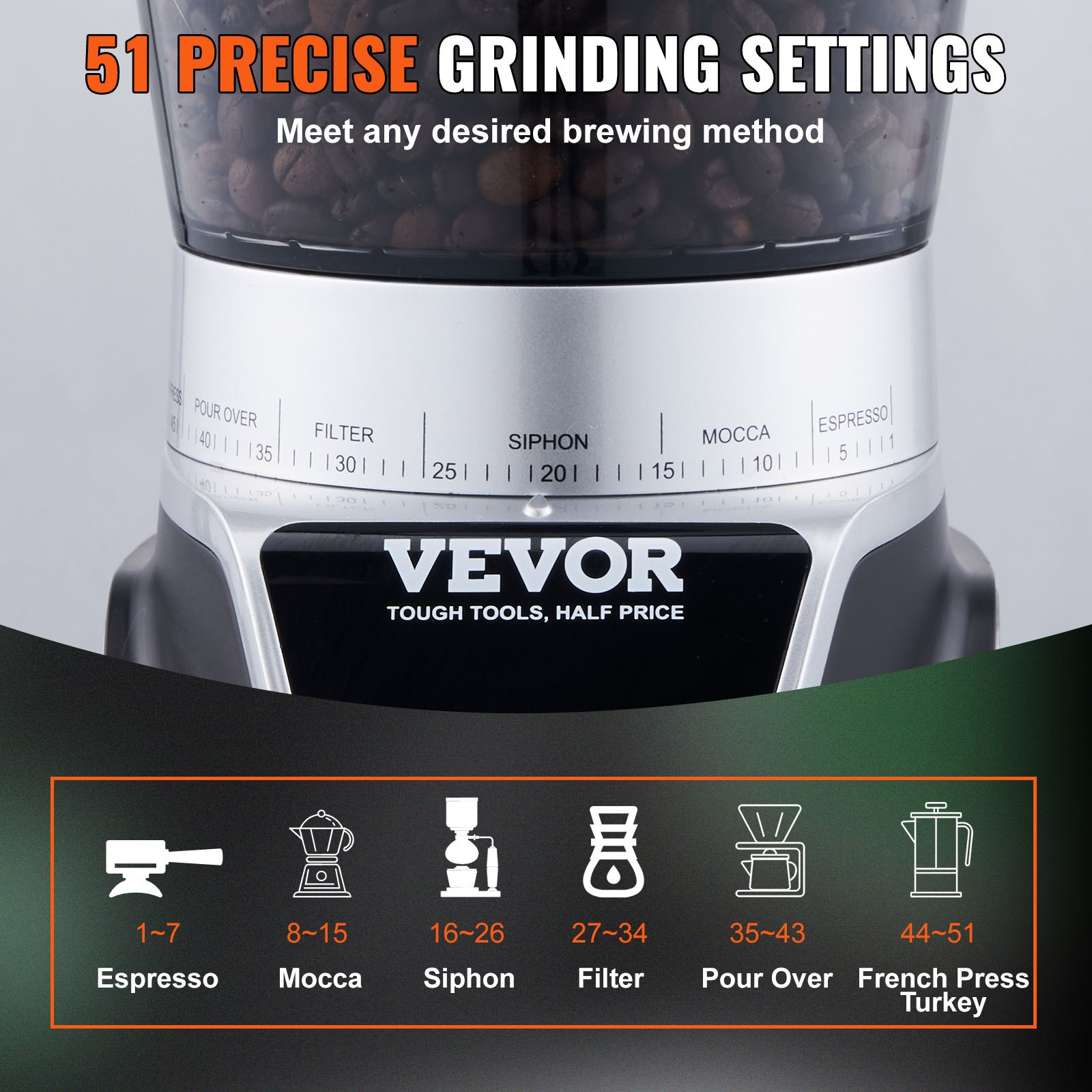 VEVOR 165-Watt Conical Burr Grinder, Electric Adjustable Burr Mill with 51 Precise Grind Setting, 9.7-Ounce 13 Cups Coffee Bean Grinder, Perfect for Drip, Mocha, Hand Brew, French Press, Espresso, Silver