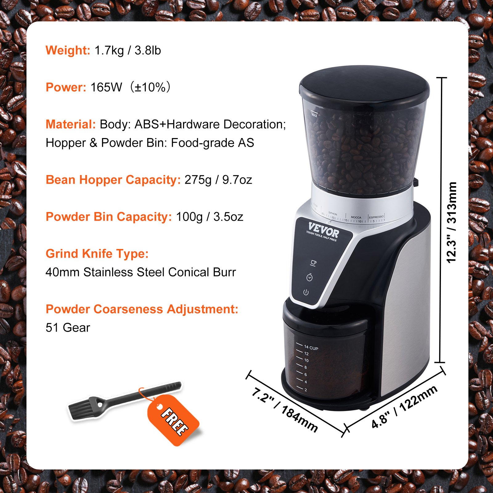 VEVOR 165-Watt Conical Burr Grinder, Electric Adjustable Burr Mill with 51 Precise Grind Setting, 9.7-Ounce 13 Cups Coffee Bean Grinder, Perfect for Drip, Mocha, Hand Brew, French Press, Espresso, Silver