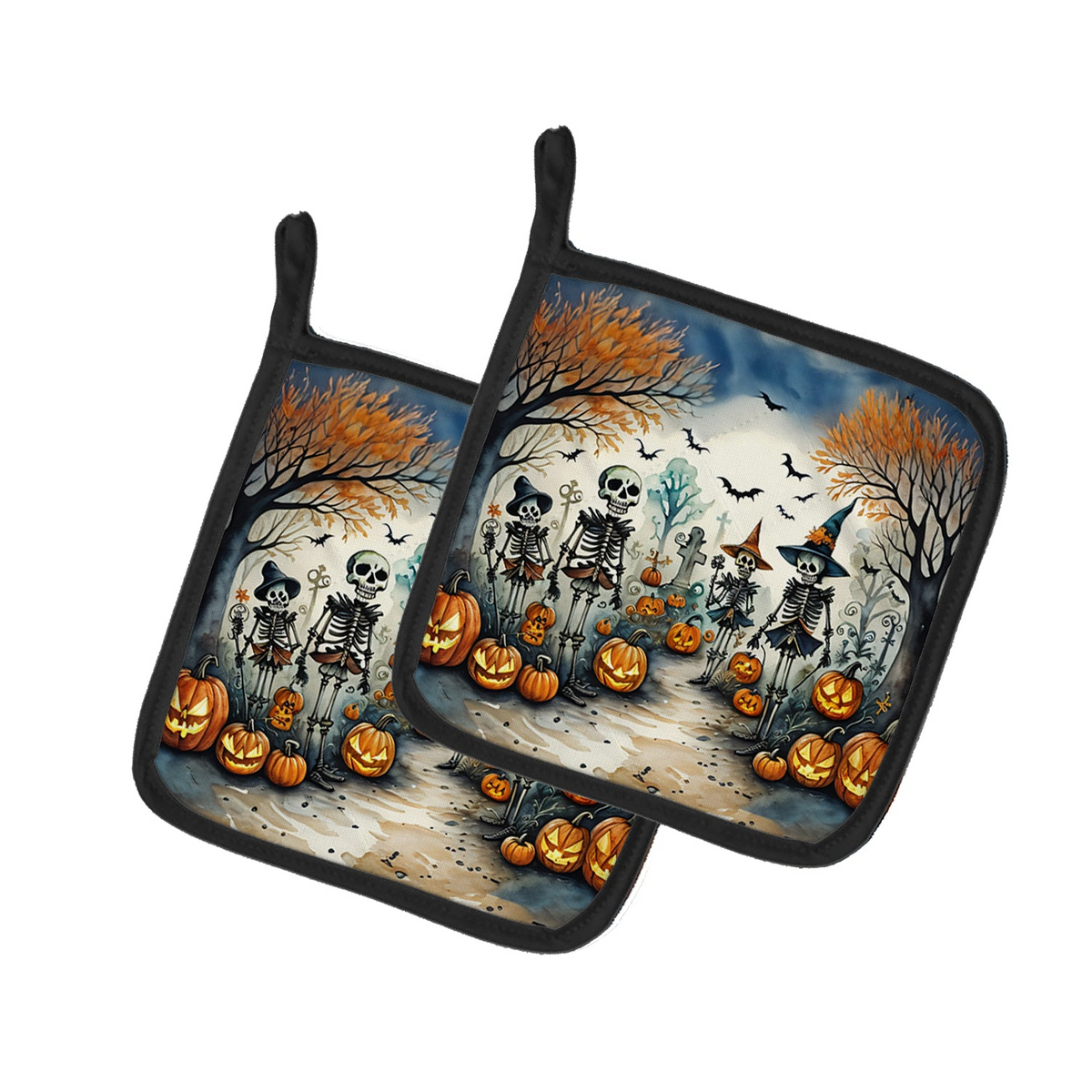 Calacas Skeletons Spooky Halloween Pair of Pot Holders.