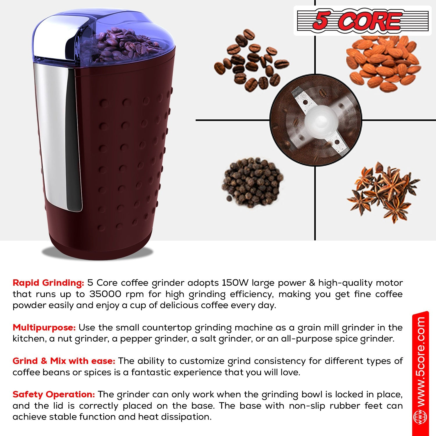 5Core Coffee Grinder 85 Gram Capacity 150W Electric Bean Spice Grinder