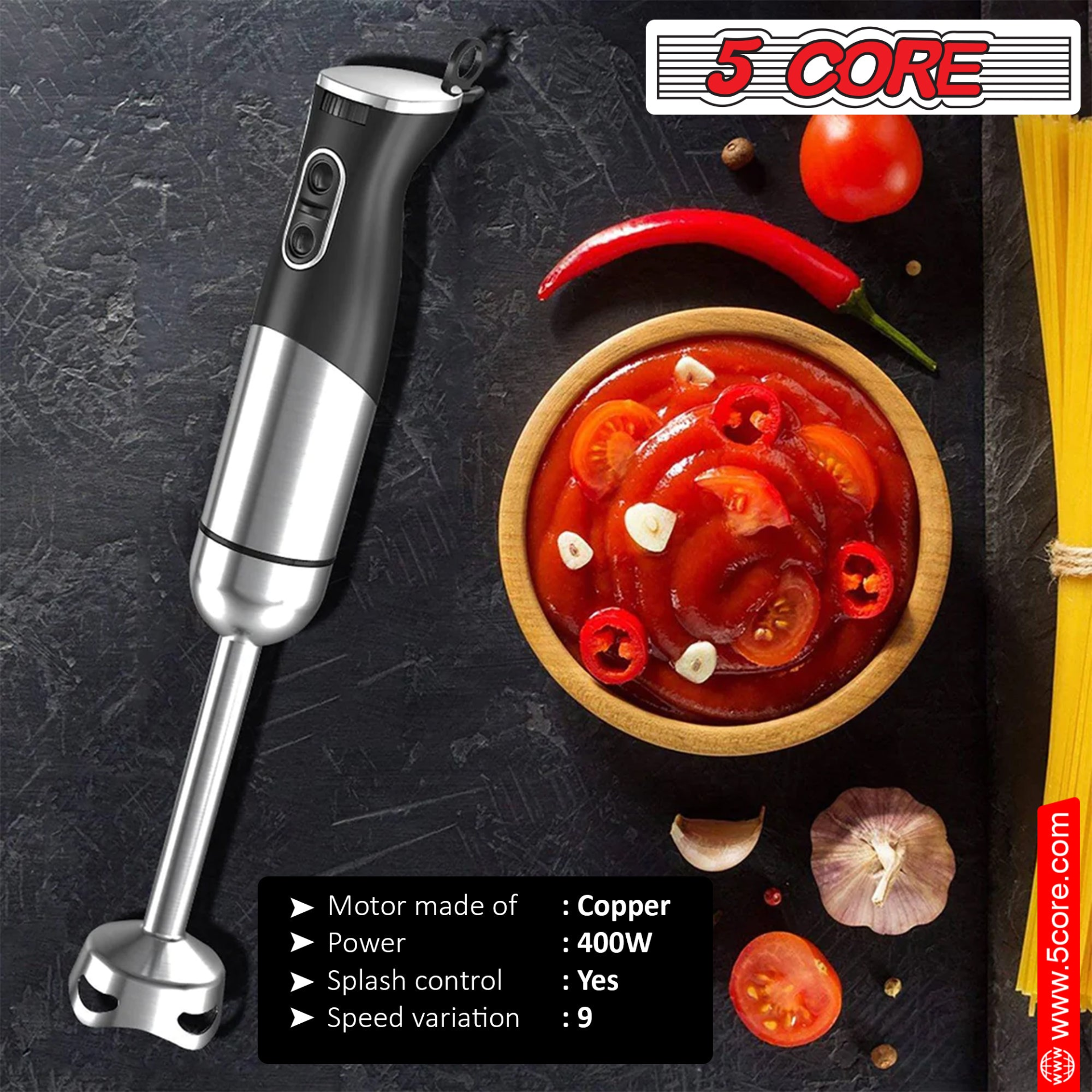 5Core Immersion Hand Blender 400W Stick Handheld Mixer Kitcchen Electric Whisk