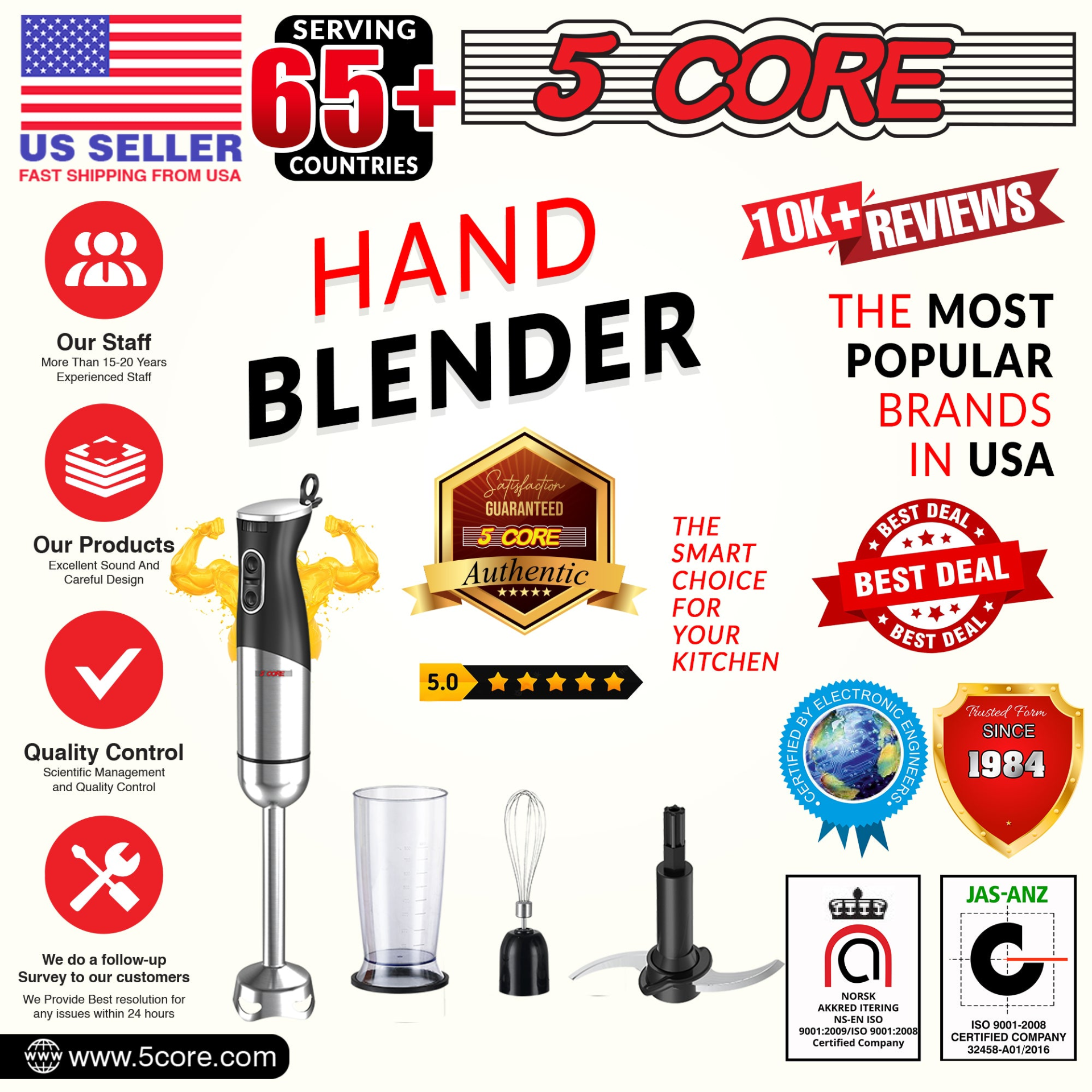 5Core Immersion Hand Blender 400W Stick Handheld Mixer Kitcchen Electric Whisk