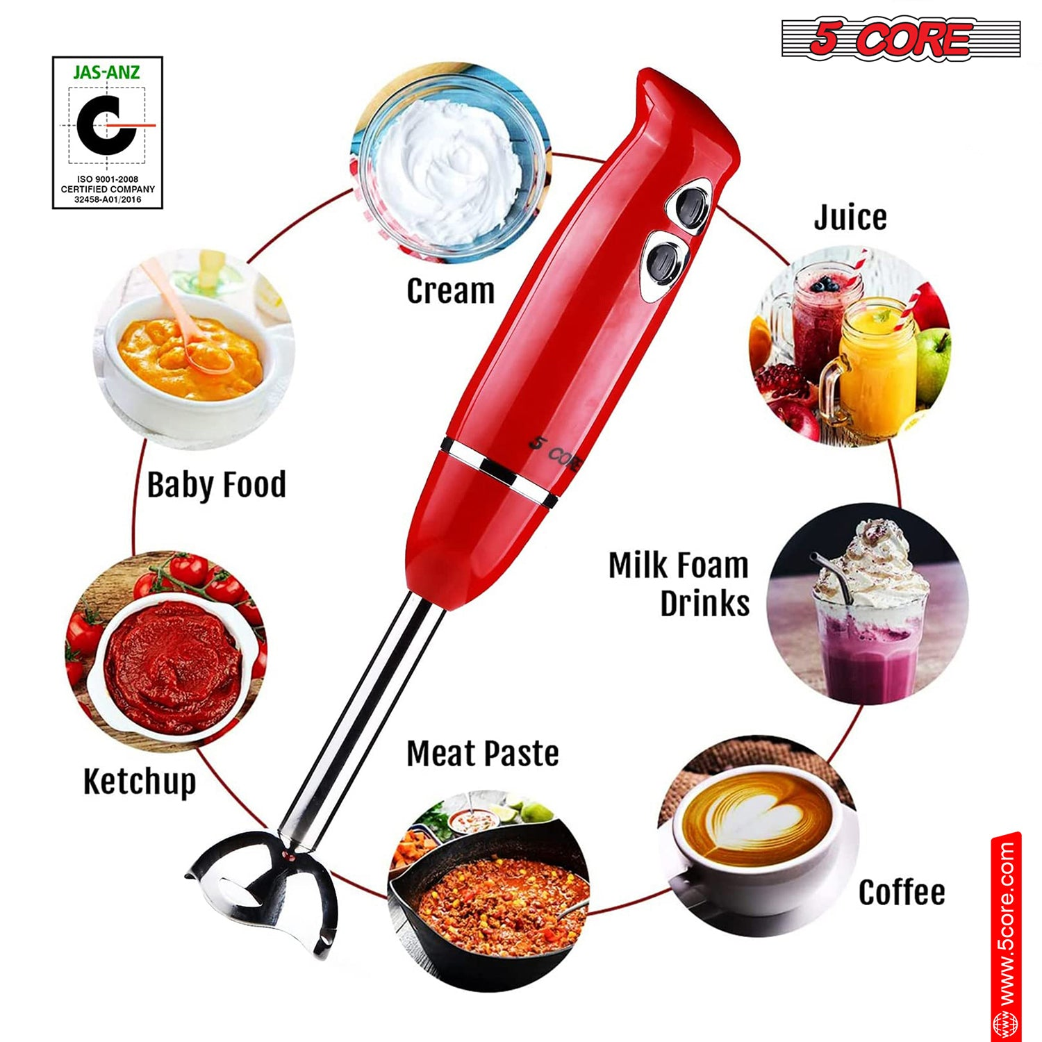 5Core Immersion Hand Blender 500W Stick Handheld Mixer Kitchen Electric Whisk