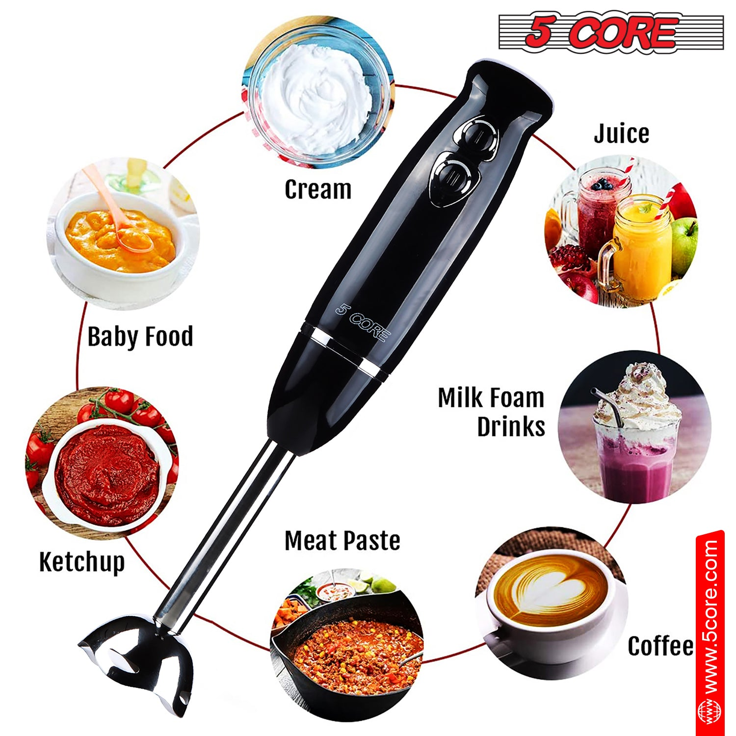 5Core Immersion Hand Blender 500W Stick Handheld Mixer Kitchen Electric Whisk